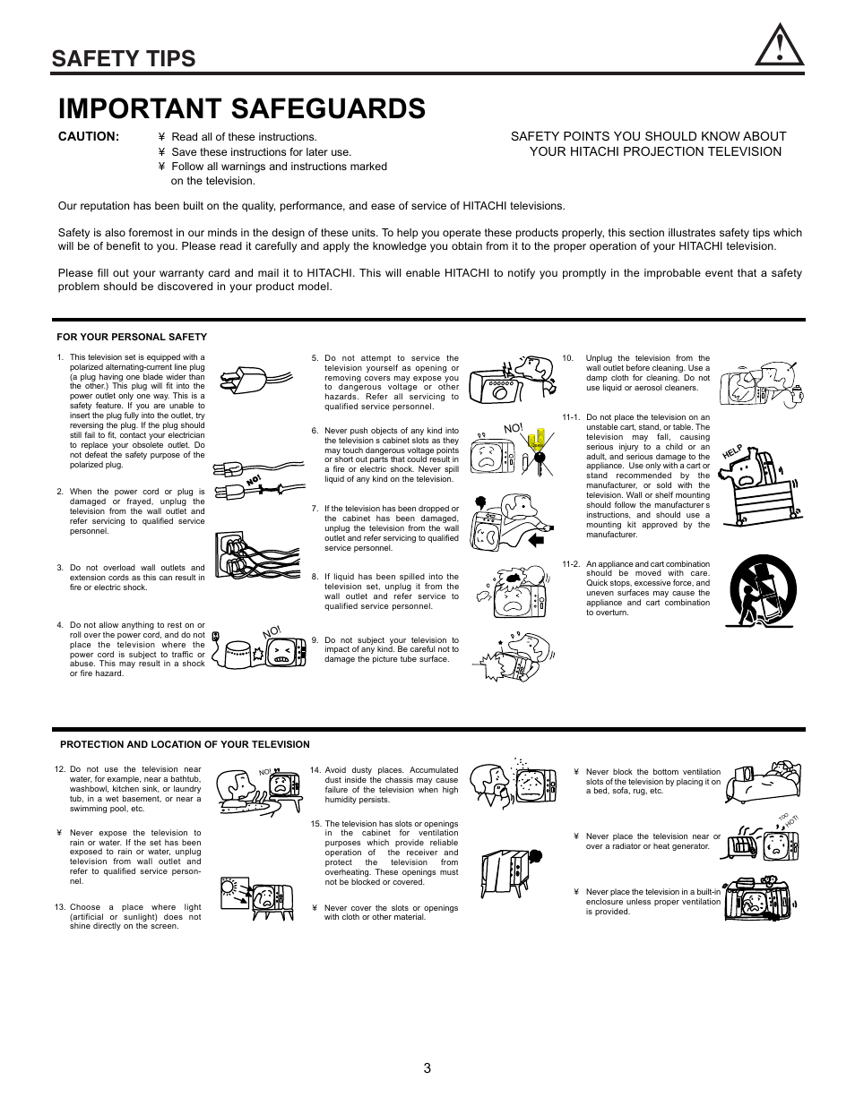 Important safeguards, Safety tips, Caution | Safety points you should know about, Your hitachi projection television | Hitachi 50EX01B User Manual | Page 3 / 60