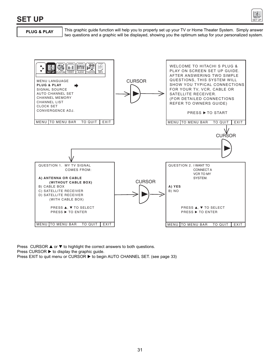 Set up, Cursor | Hitachi 50EX01B User Manual | Page 31 / 60