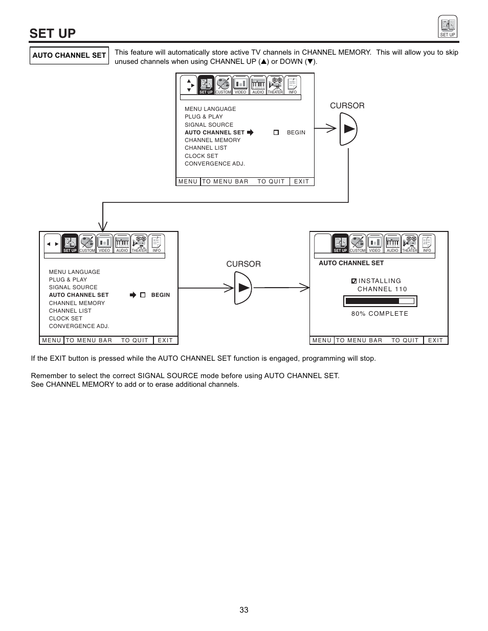 Set up, Cursor | Hitachi 50EX01B User Manual | Page 33 / 60