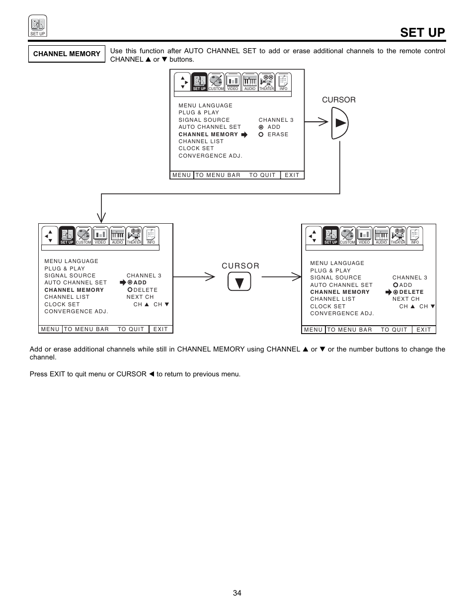 Set up, Cursor | Hitachi 50EX01B User Manual | Page 34 / 60