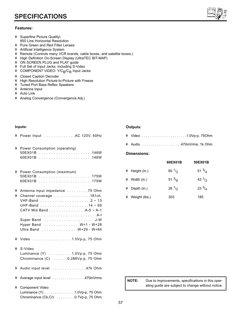 Specifications | Hitachi 50EX01B User Manual | Page 57 / 60