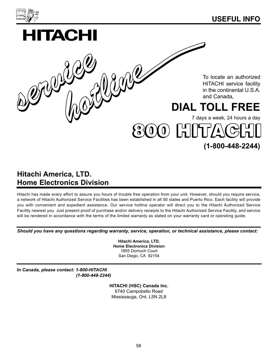 Service ser vic e, 800 hitachi | Hitachi 50EX01B User Manual | Page 58 / 60