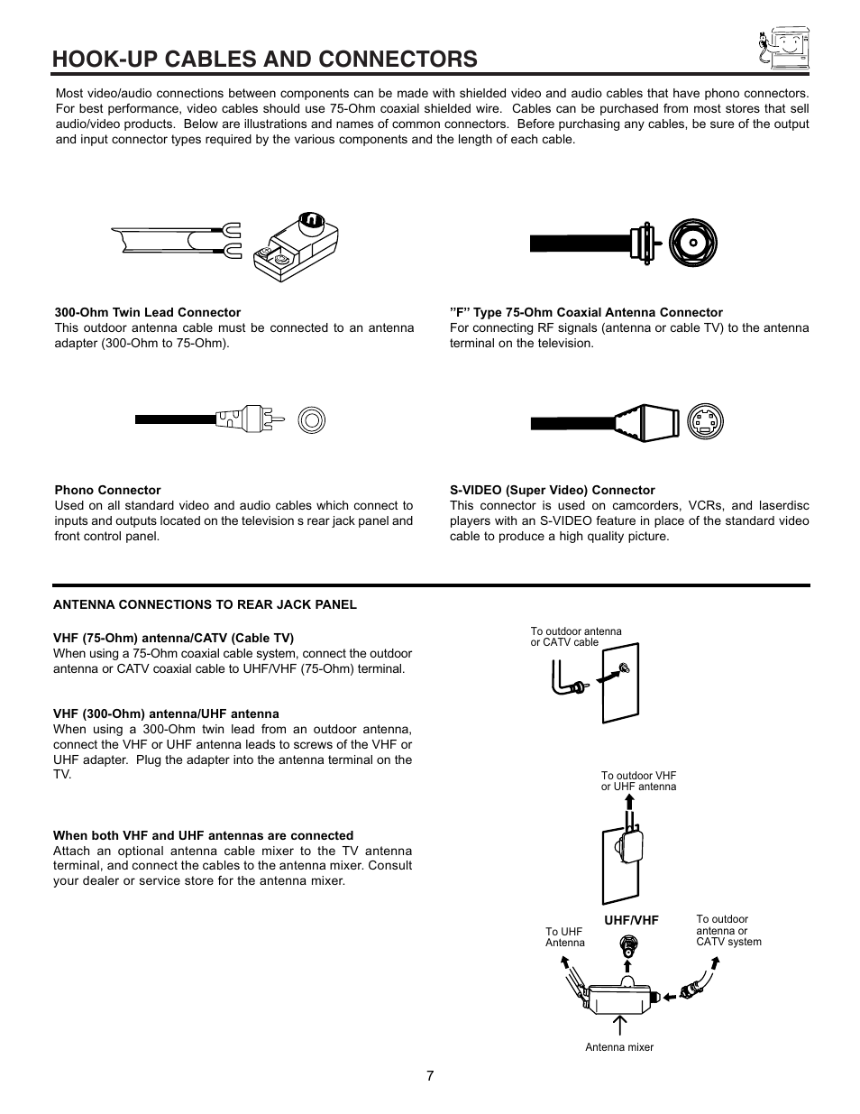 Hook-up cables and connectors | Hitachi 50EX01B User Manual | Page 7 / 60