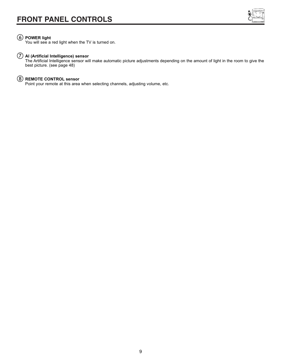 Front panel controls | Hitachi 50EX01B User Manual | Page 9 / 60