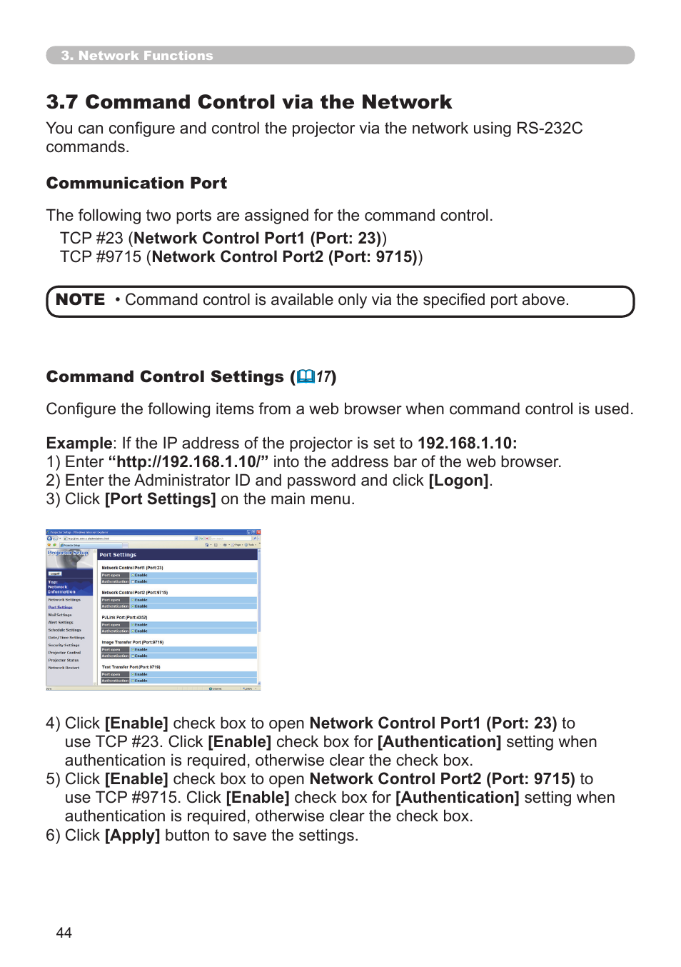 7 command control via the network | Hitachi CP-X2510N User Manual | Page 44 / 52