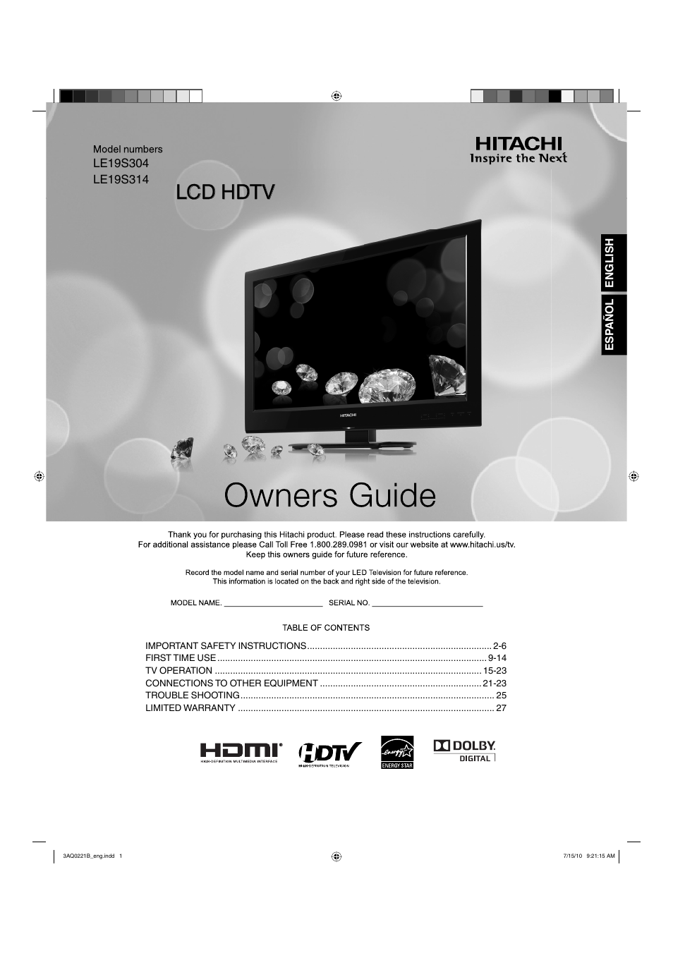 Hitachi LE19S314 User Manual | 27 pages