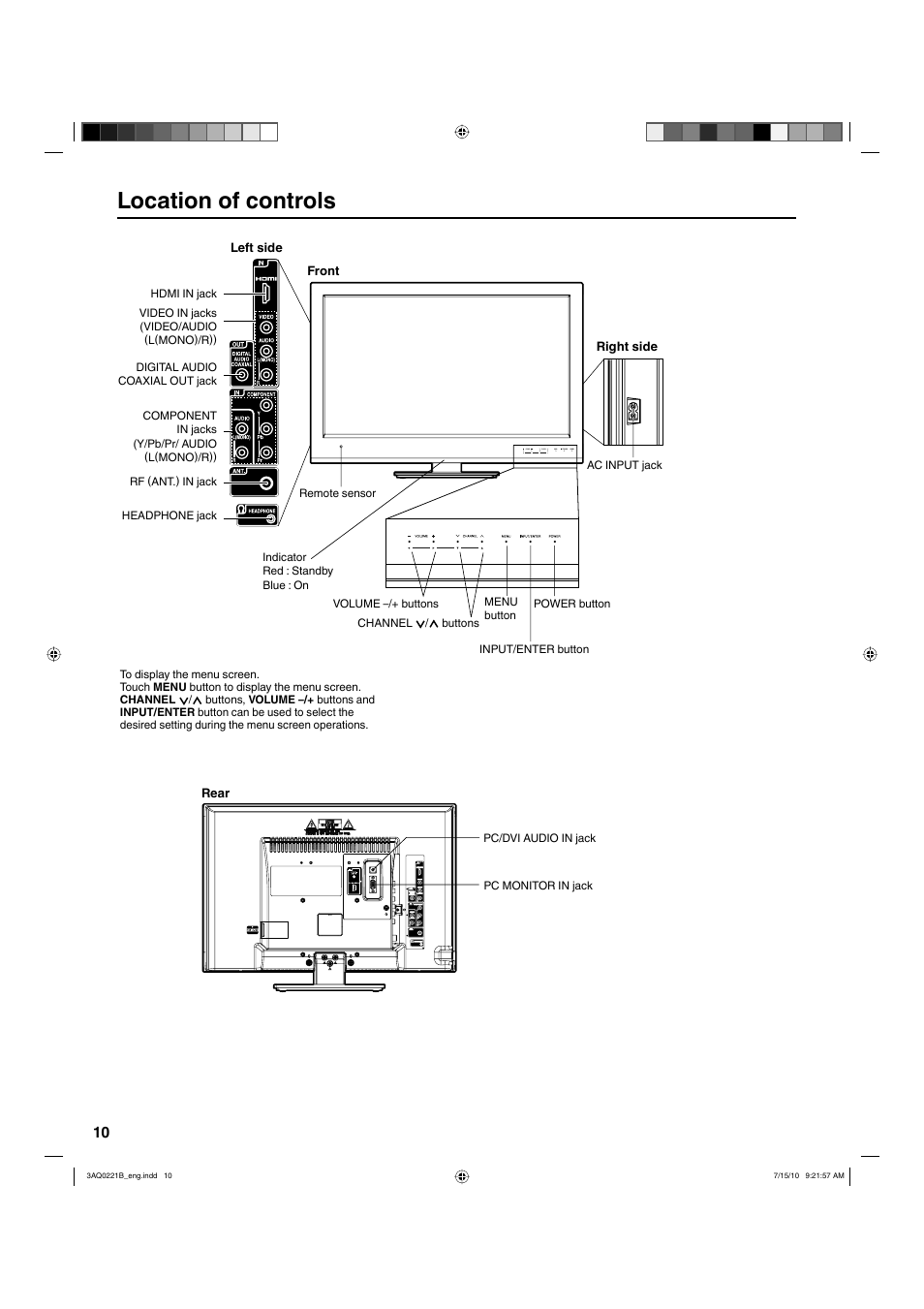 Location of controls | Hitachi LE19S314 User Manual | Page 10 / 27