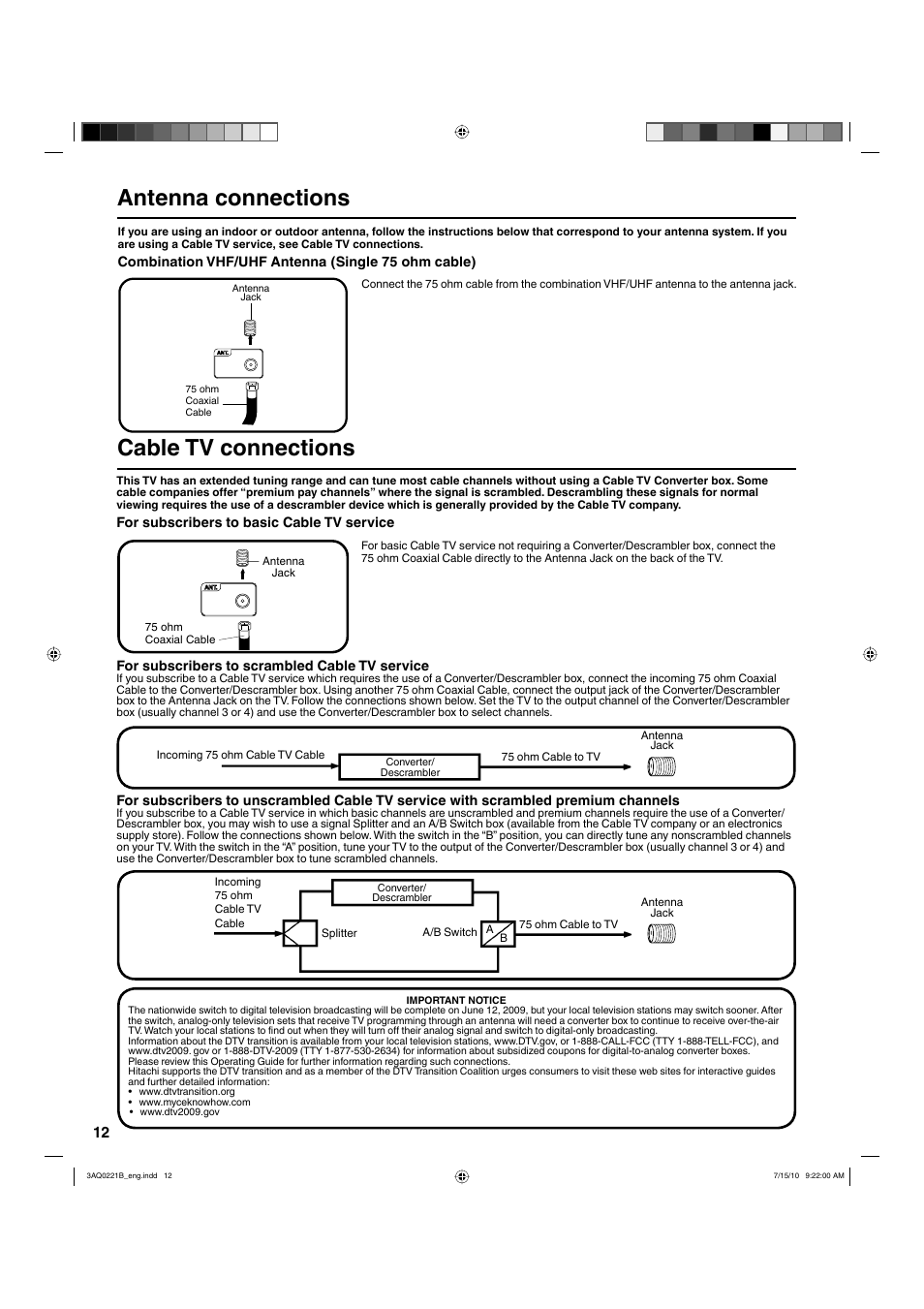 Antenna connections, Cable tv connections | Hitachi LE19S314 User Manual | Page 12 / 27
