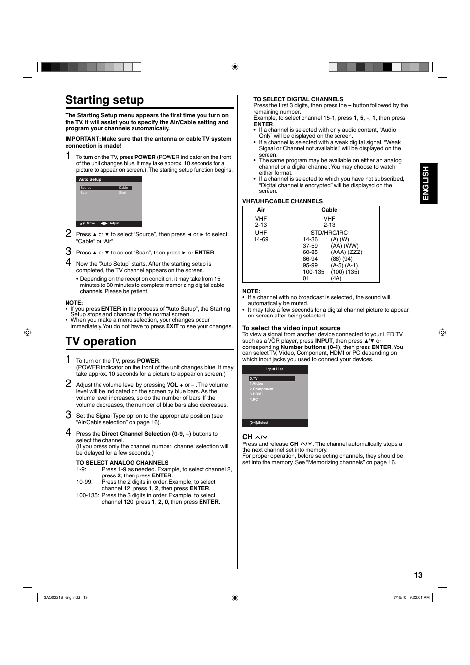 Starting setup, Tv operation 1, 13 english | Hitachi LE19S314 User Manual | Page 13 / 27