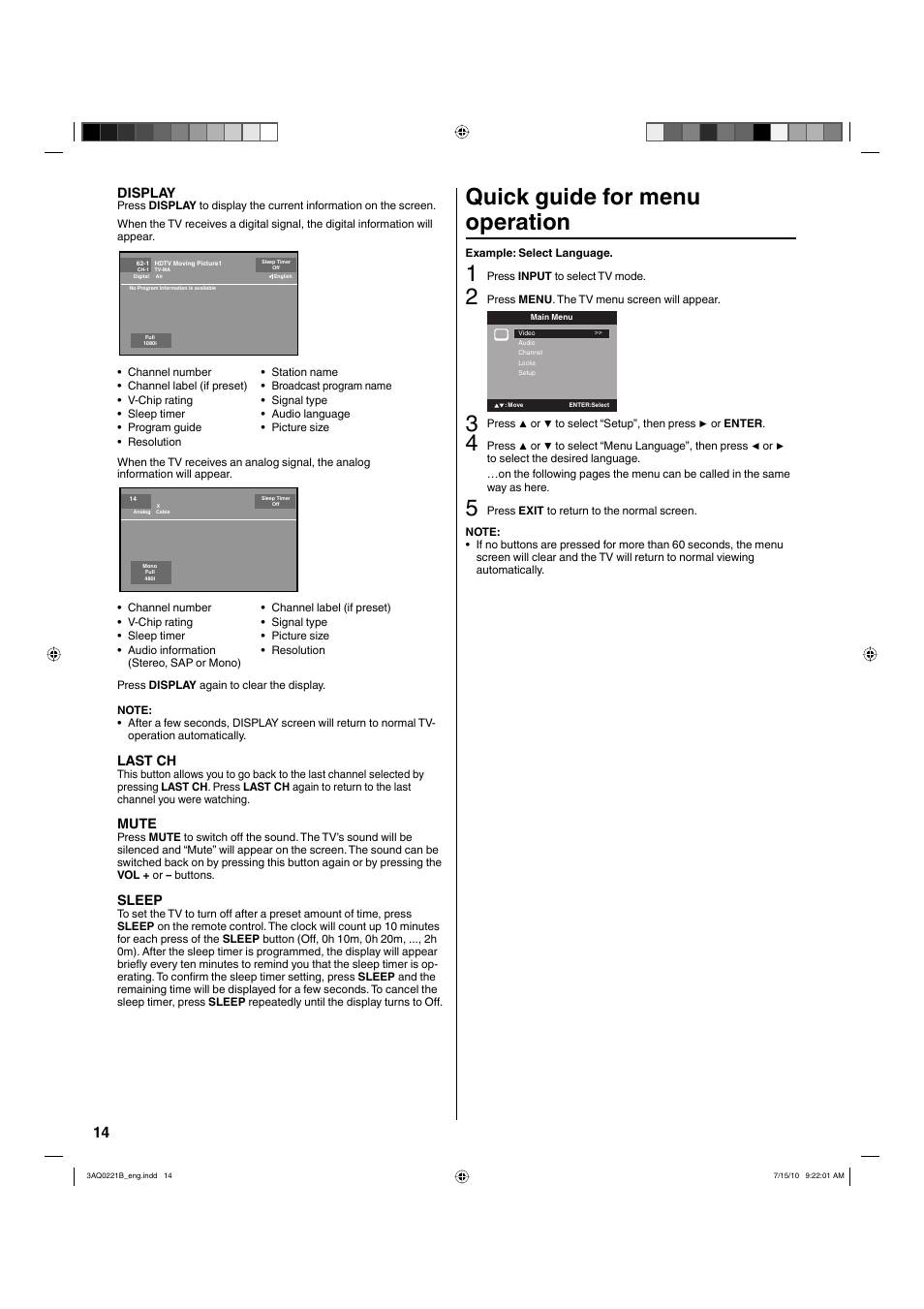 Quick guide for menu operation, Display, Last ch | Mute, Sleep | Hitachi LE19S314 User Manual | Page 14 / 27