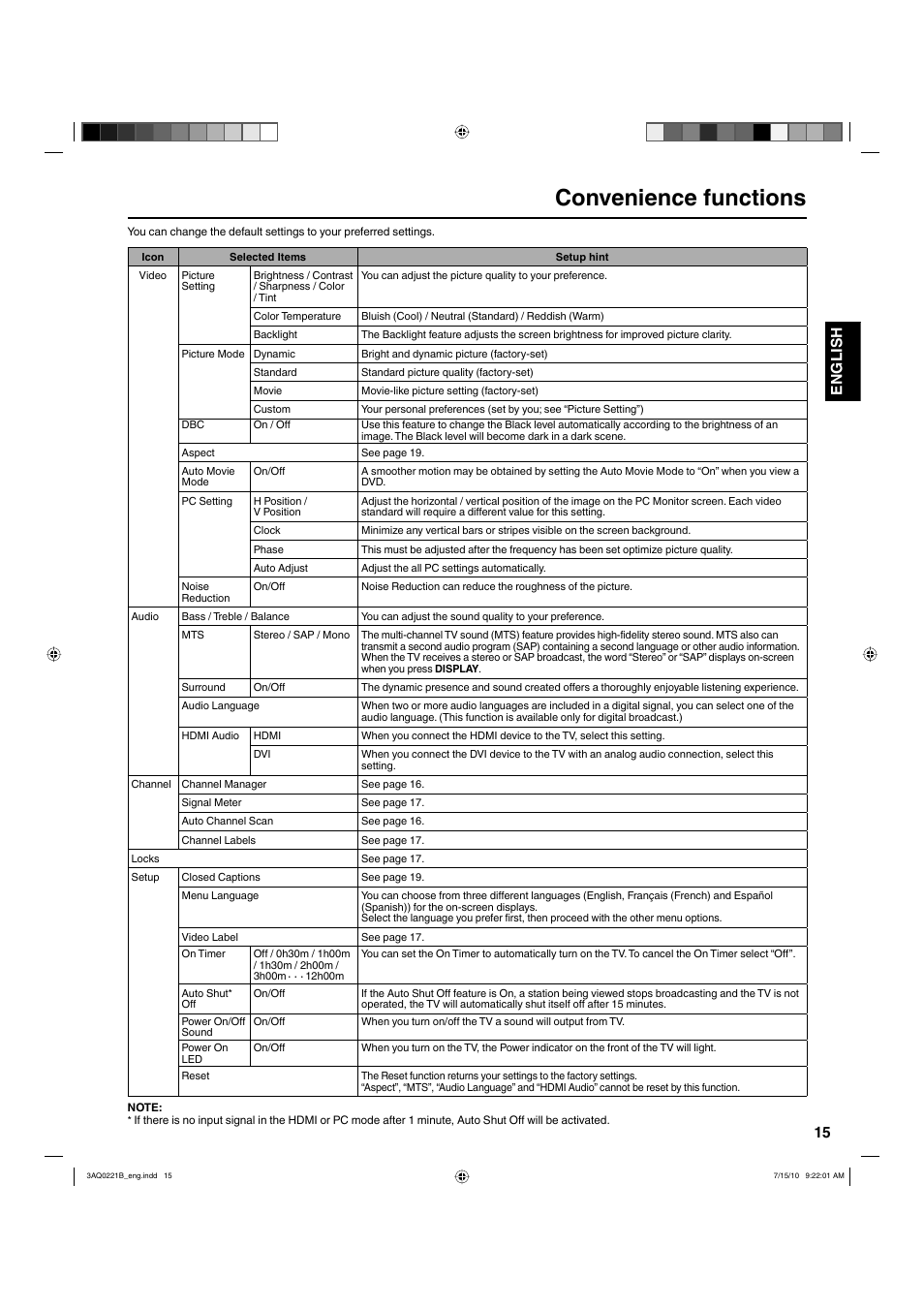 Convenience functions, 15 english | Hitachi LE19S314 User Manual | Page 15 / 27