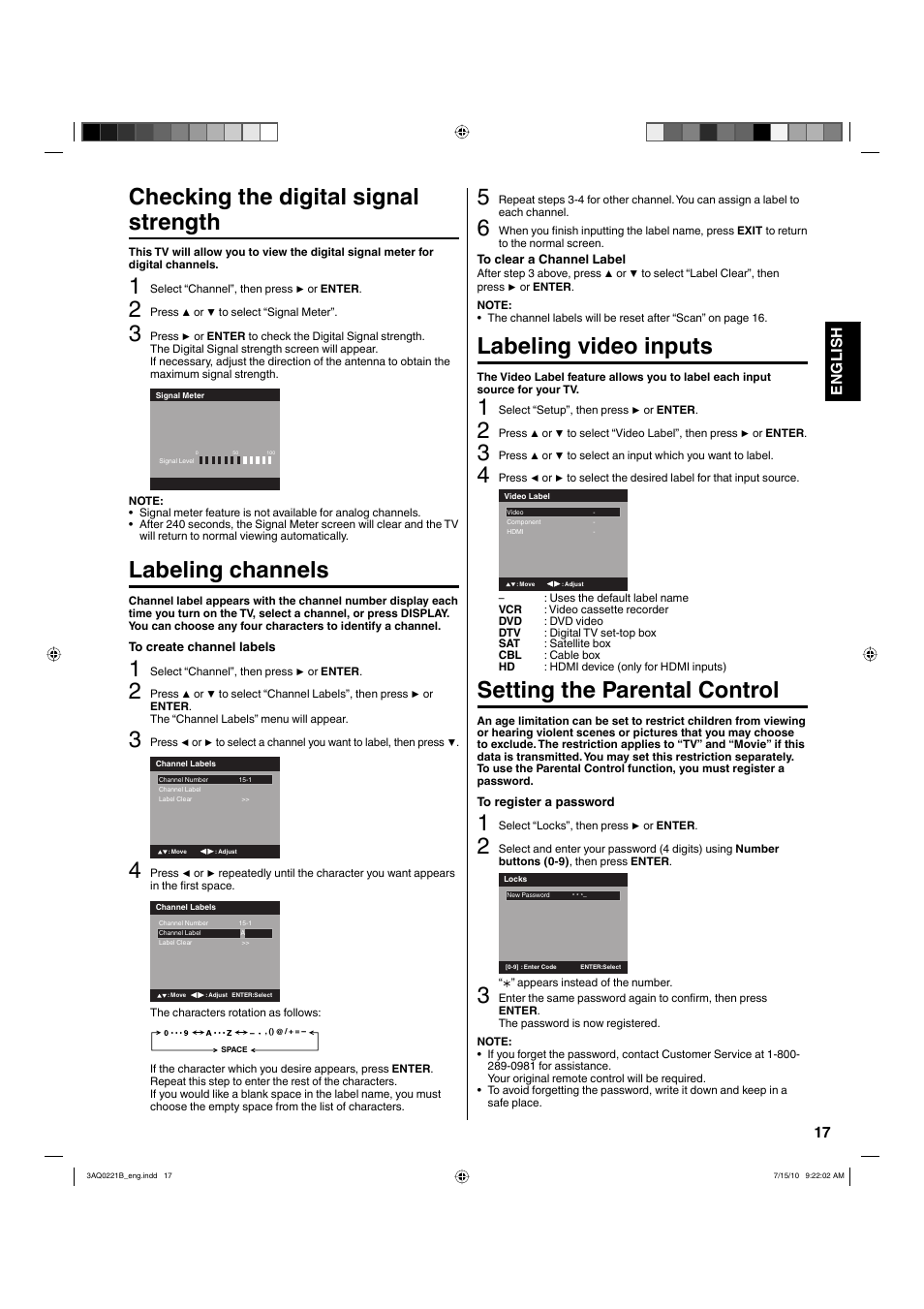 Checking the digital signal strength, Labeling channels, Labeling video inputs | Setting the parental control, 17 english | Hitachi LE19S314 User Manual | Page 17 / 27