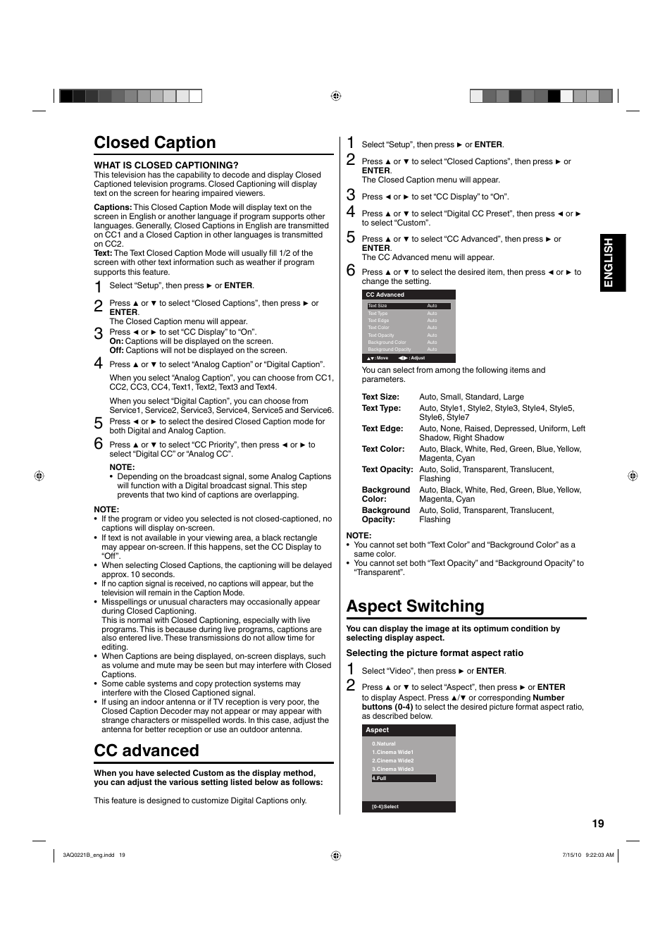 Closed caption, Cc advanced, Aspect switching | Hitachi LE19S314 User Manual | Page 19 / 27