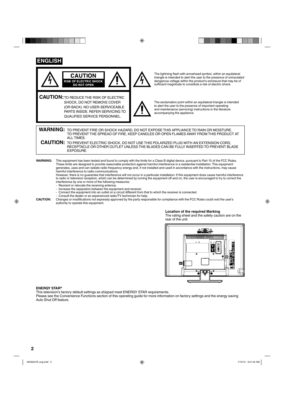 English, Caution, Warning | Hitachi LE19S314 User Manual | Page 2 / 27