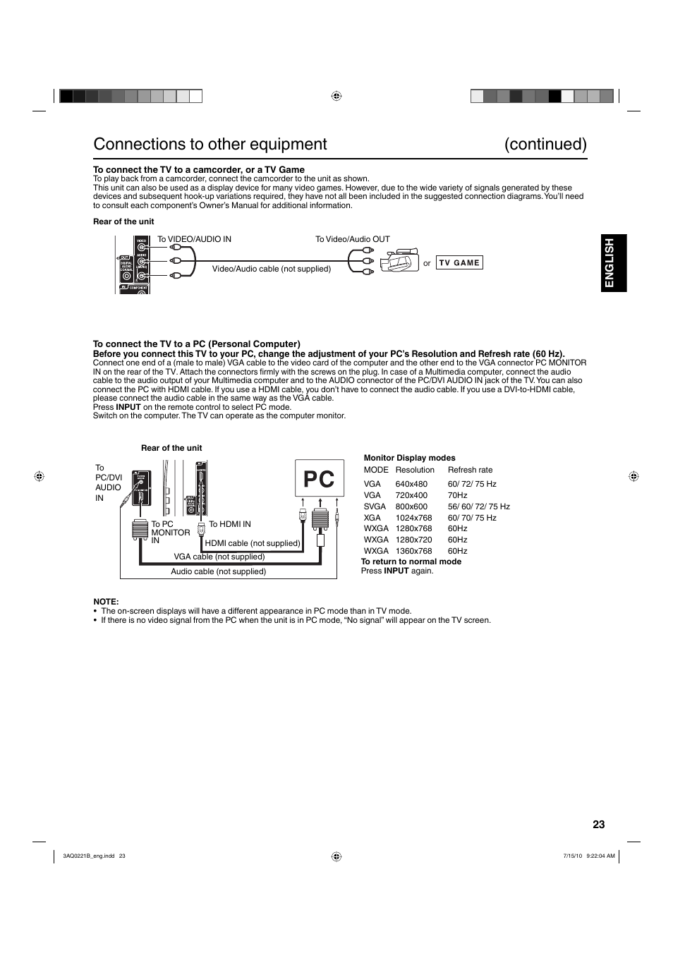 Connections to other equipment (continued), 23 english | Hitachi LE19S314 User Manual | Page 23 / 27