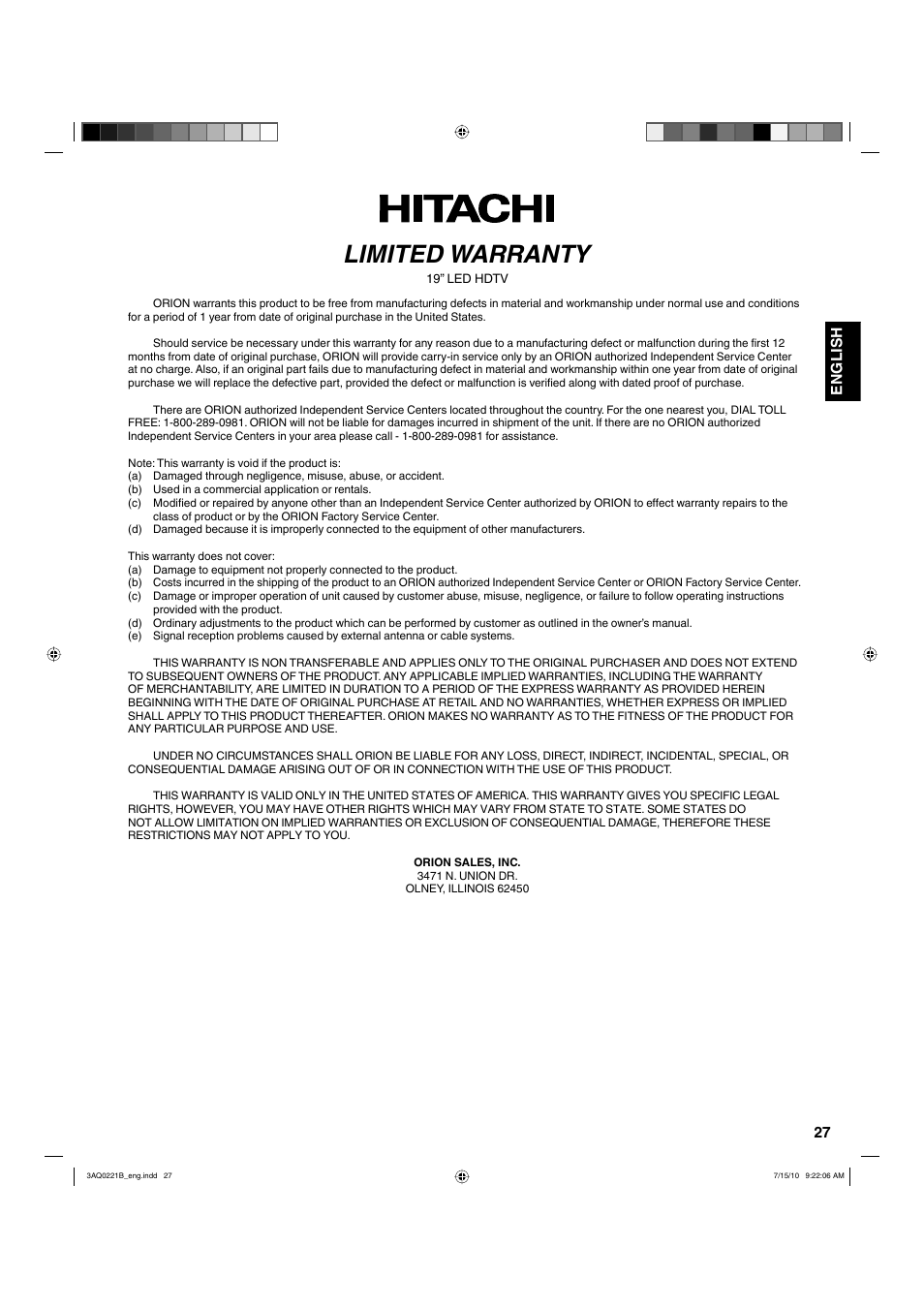 Limited warranty, 27 english | Hitachi LE19S314 User Manual | Page 27 / 27