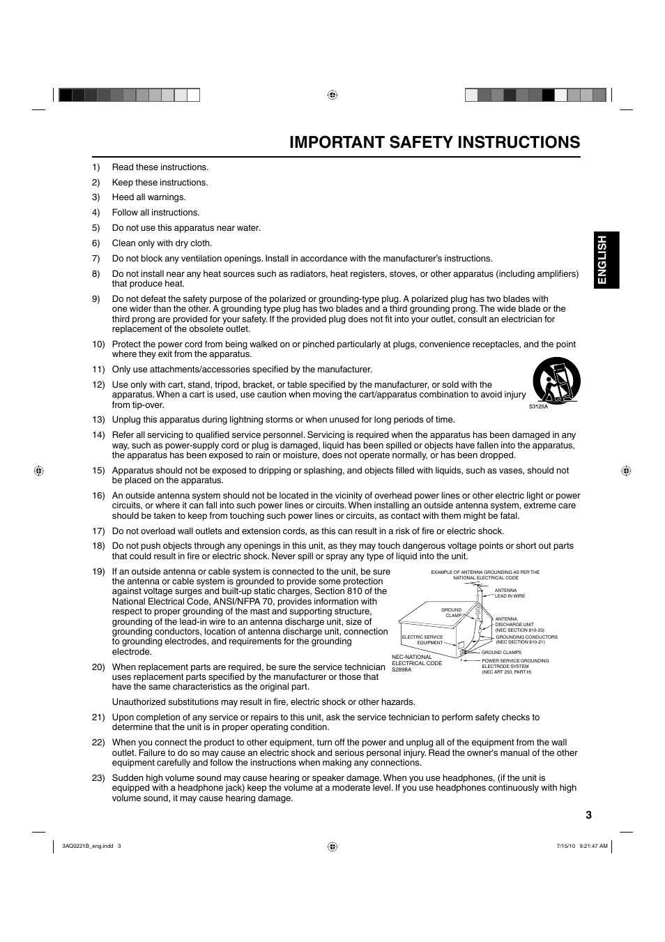 Important safety instructions, 3english | Hitachi LE19S314 User Manual | Page 3 / 27