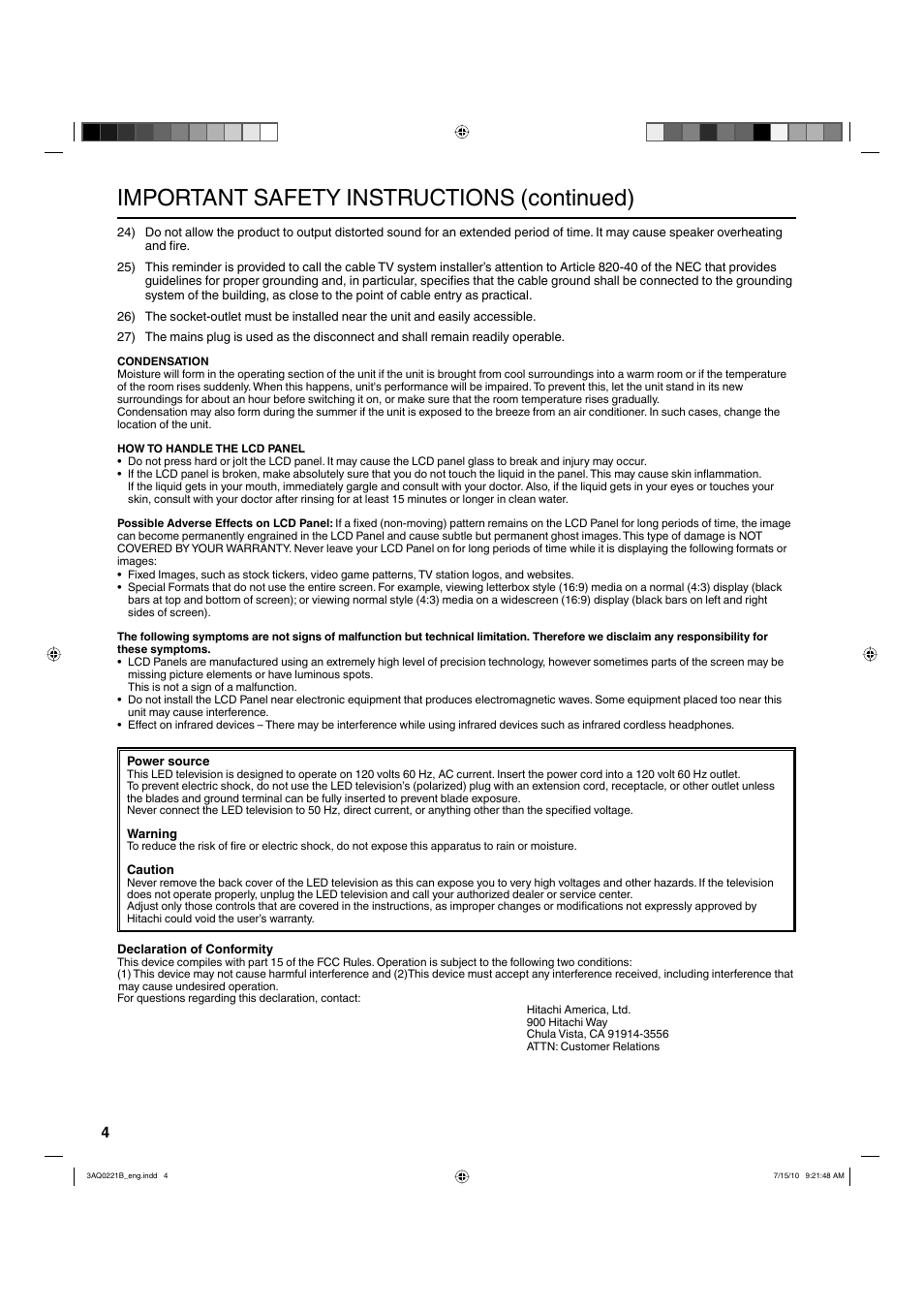Important safety instructions (continued) | Hitachi LE19S314 User Manual | Page 4 / 27