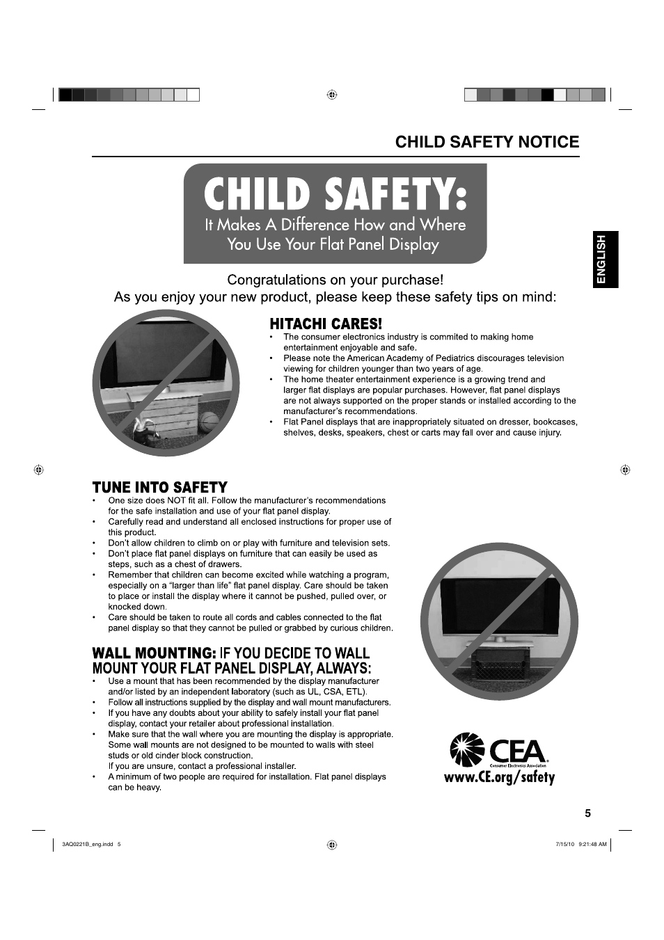 Child safety notice | Hitachi LE19S314 User Manual | Page 5 / 27