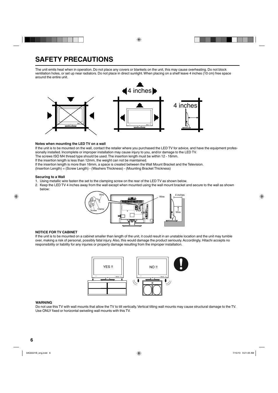Safety precautions, 4 inches | Hitachi LE19S314 User Manual | Page 6 / 27