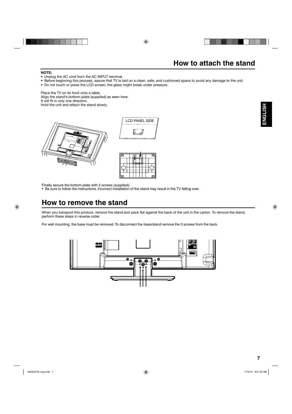 How to attach the stand how to remove the stand | Hitachi LE19S314 User Manual | Page 7 / 27