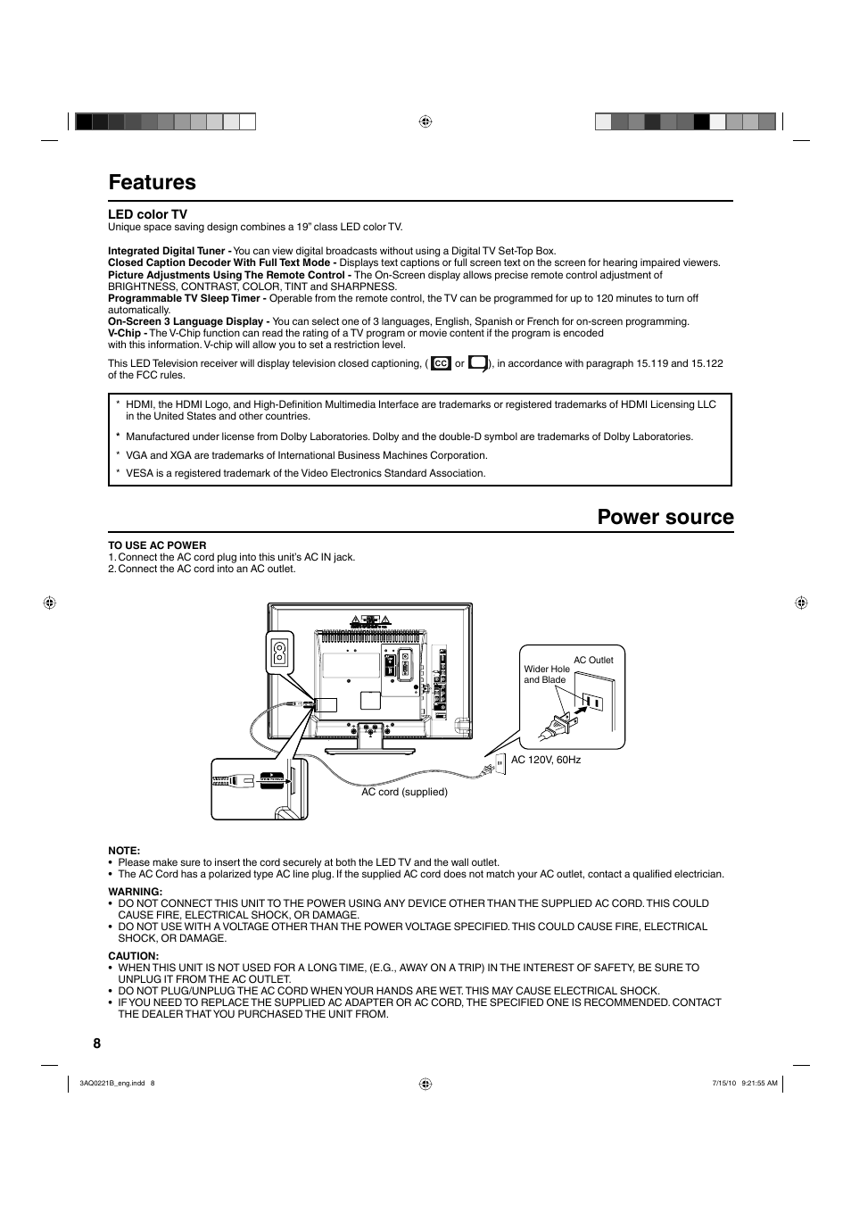 Features, Power source | Hitachi LE19S314 User Manual | Page 8 / 27