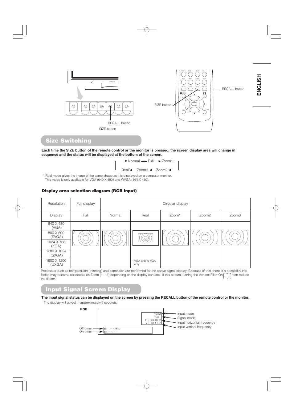 Size switching, Input signal screen display, English | Display area selection diagram (rgb input) | Hitachi 32PD5000 User Manual | Page 15 / 76