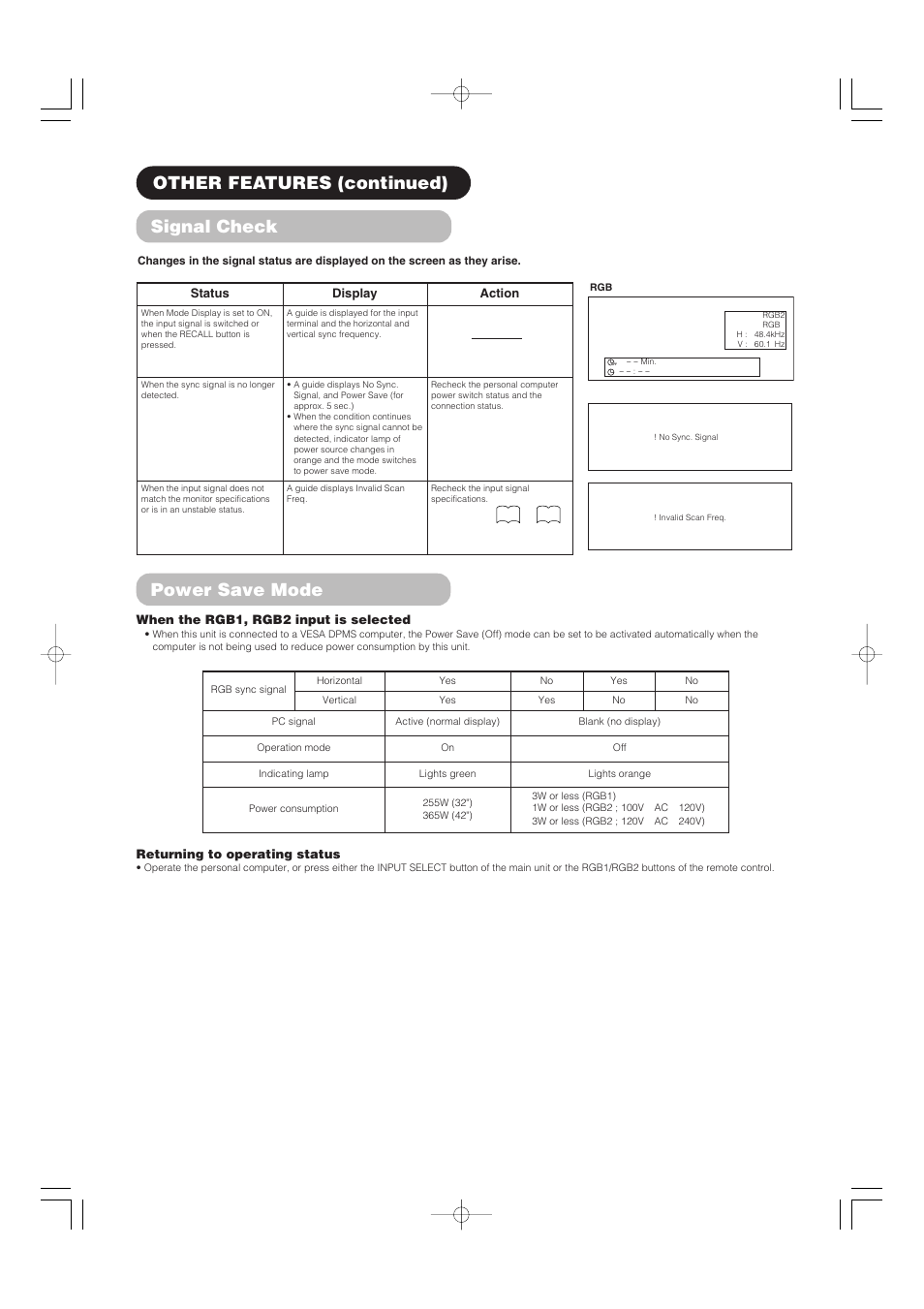 Signal check, Other features (continued), Power save mode | Hitachi 32PD5000 User Manual | Page 22 / 76