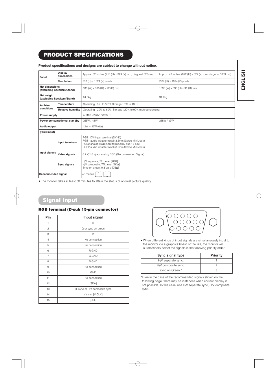 Product specifications, Signal input, English | Hitachi 32PD5000 User Manual | Page 27 / 76