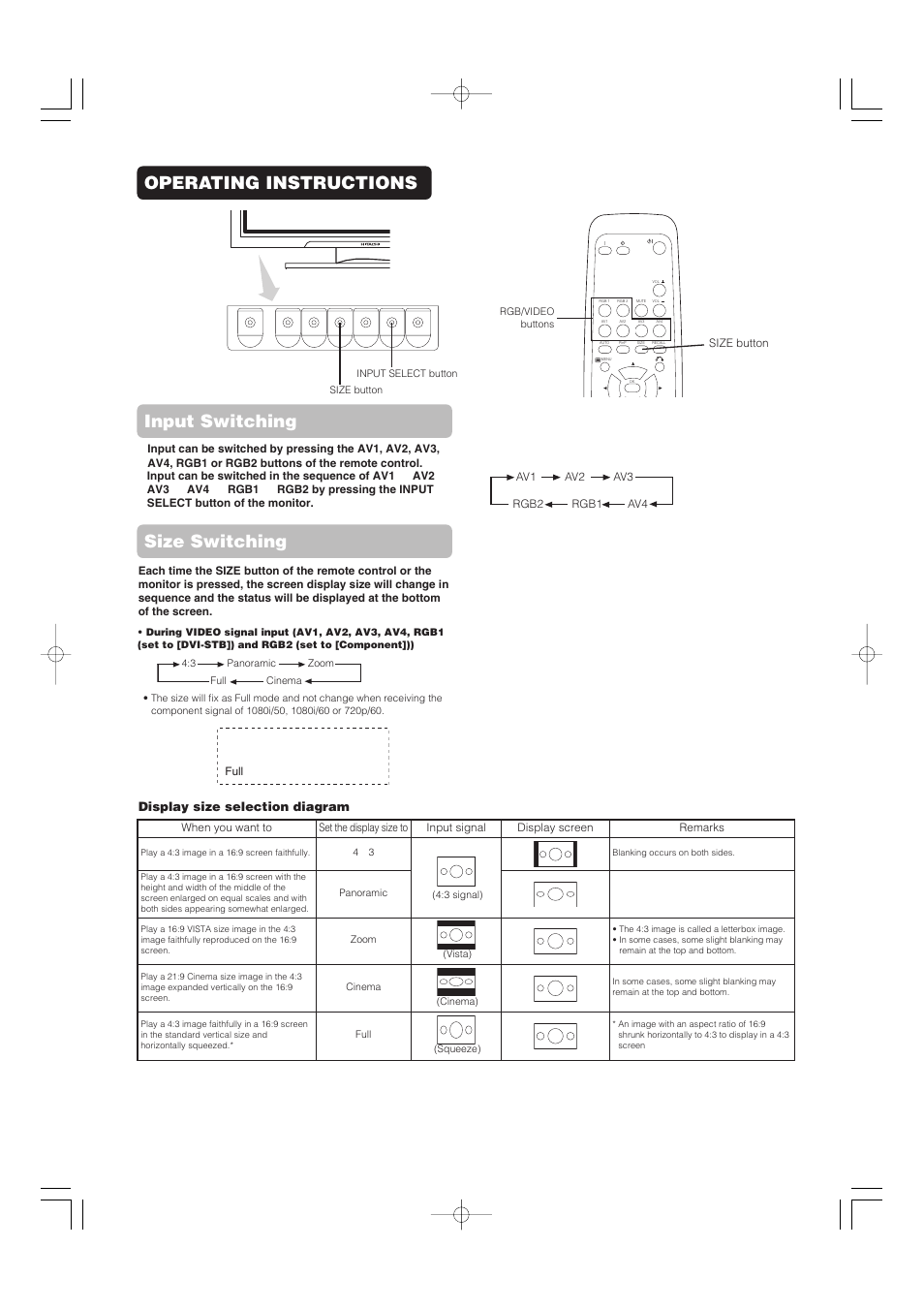 Operating instructions input switching, Size switching, Display size selection diagram | Hitachi 32PD5000 User Manual | Page 32 / 76