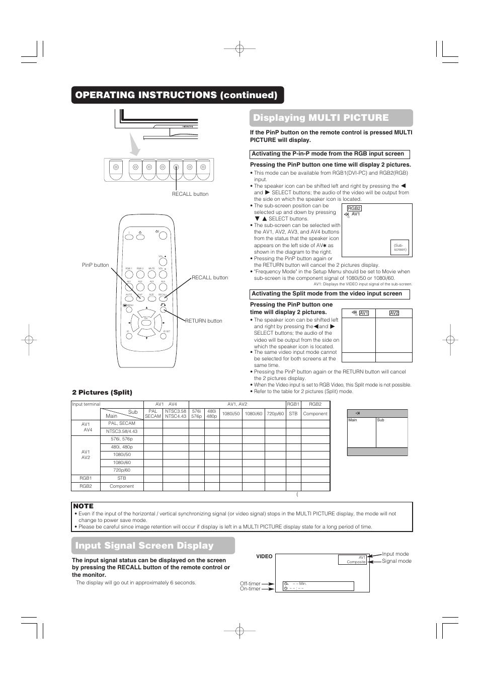 Input signal screen display, 2 pictures (split) | Hitachi 32PD5000 User Manual | Page 34 / 76