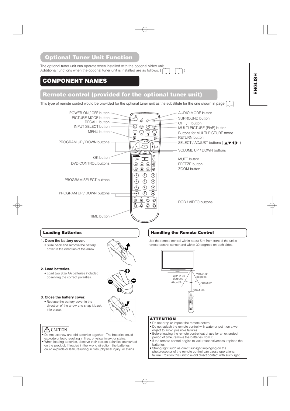 Optional tuner unit function, English, Caution | Hitachi 32PD5000 User Manual | Page 43 / 76