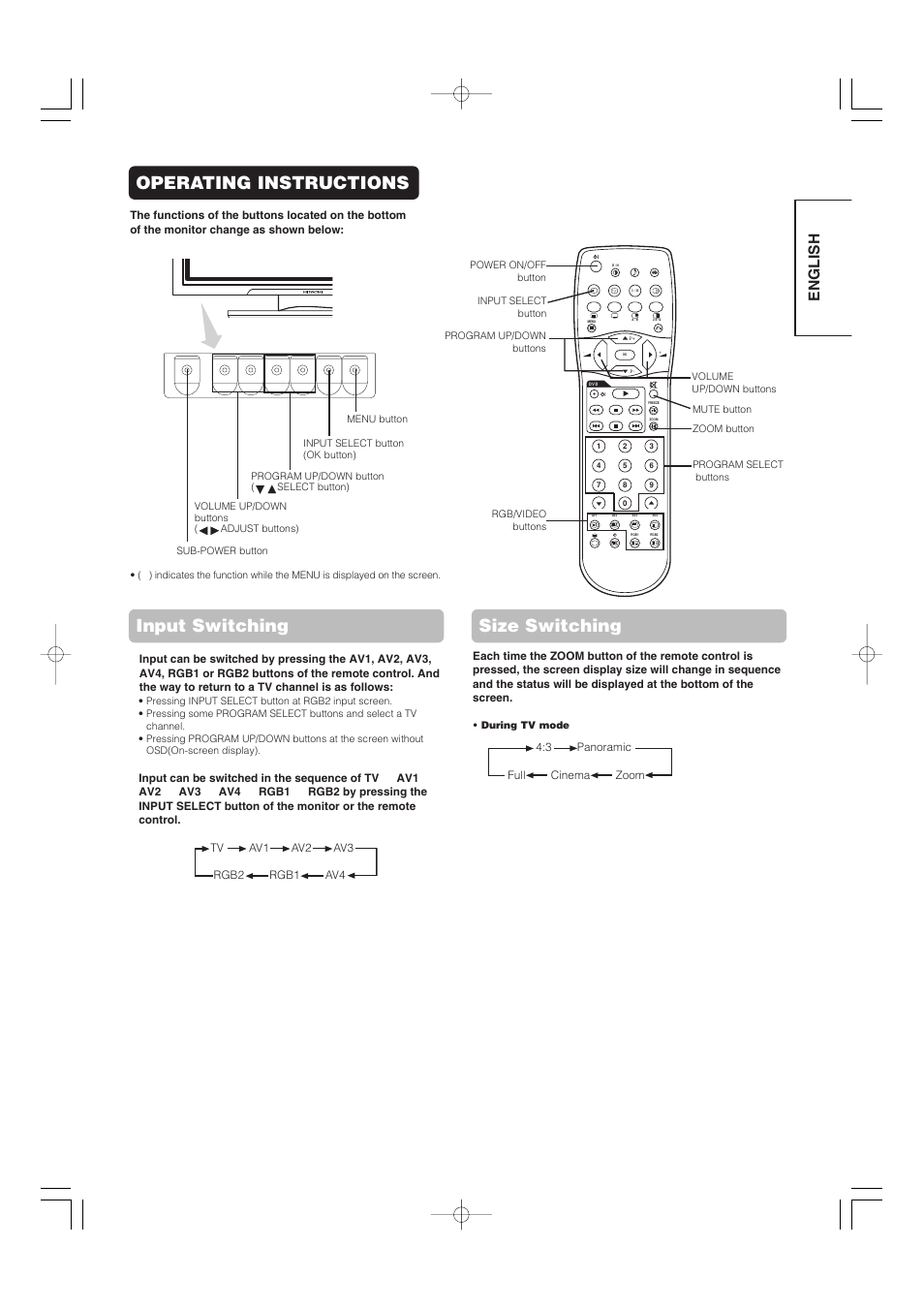 Operating instructions, Input switching size switching, English | Hitachi 32PD5000 User Manual | Page 47 / 76