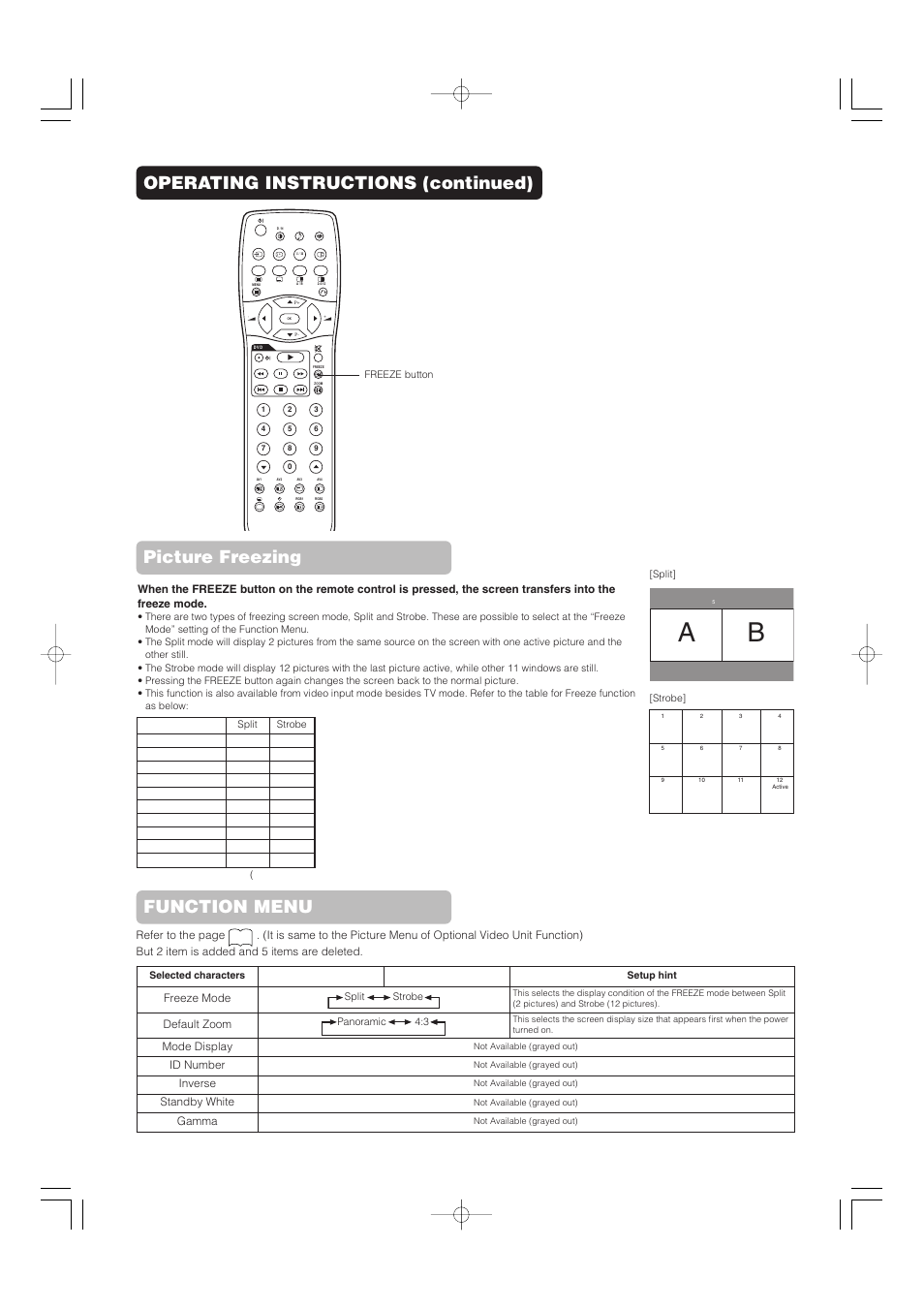 Operating instructions (continued), Picture freezing, Function menu | Hitachi 32PD5000 User Manual | Page 50 / 76