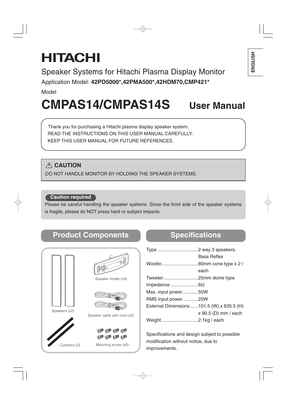 Cmpas14/cmpas14s, User manual, Speaker systems for hitachi plasma display monitor | Product components specifications | Hitachi 32PD5000 User Manual | Page 57 / 76