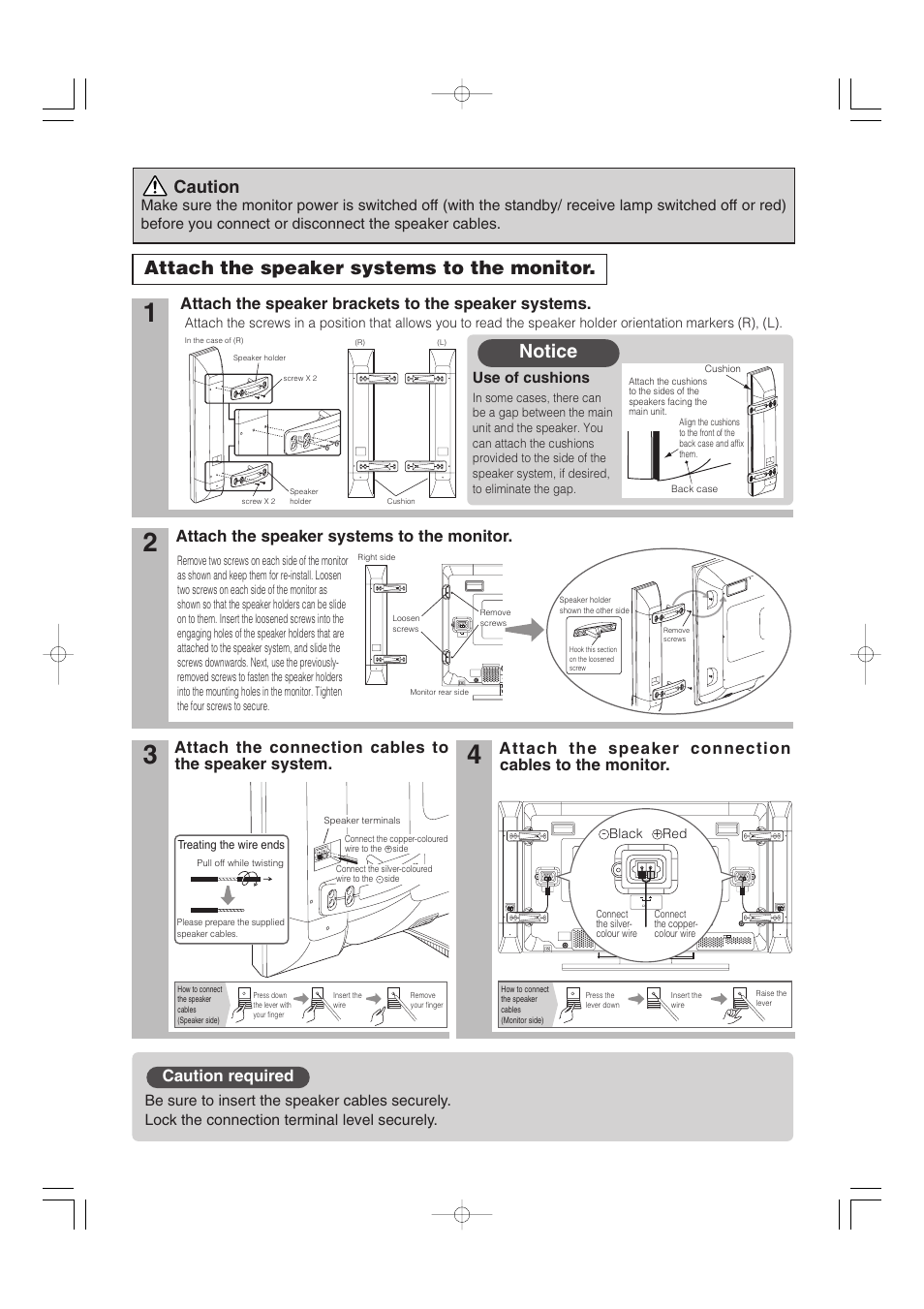 Attach the speaker systems to the monitor, Notice, Caution | Caution required, Attach the speaker brackets to the speaker systems, Attach the connection cables to the speaker system | Hitachi 32PD5000 User Manual | Page 58 / 76