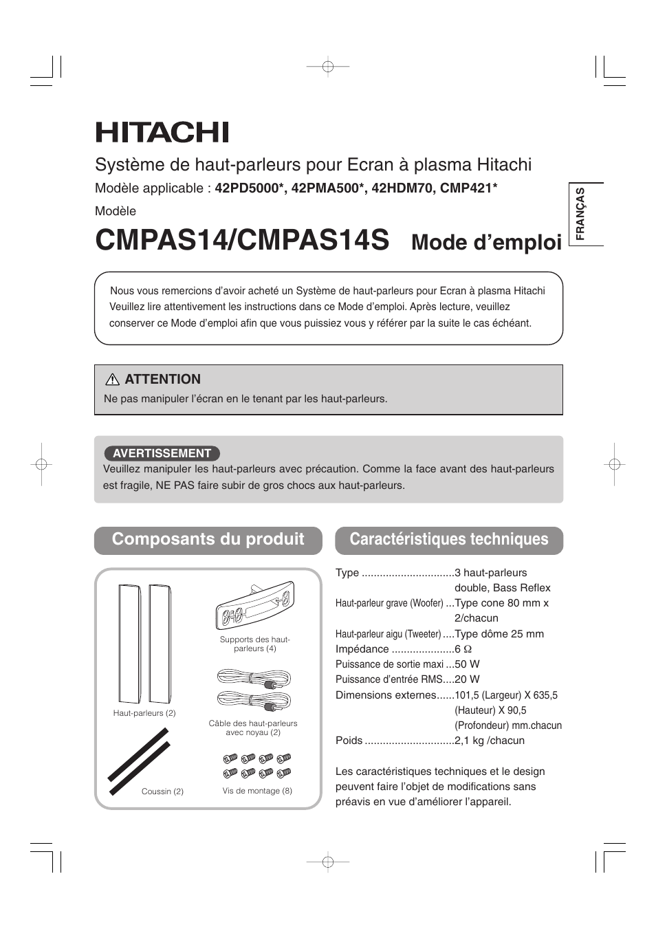 Cmpas14/cmpas14s, Mode d’emploi, Composants du produit caractéristiques techniques | Hitachi 32PD5000 User Manual | Page 59 / 76