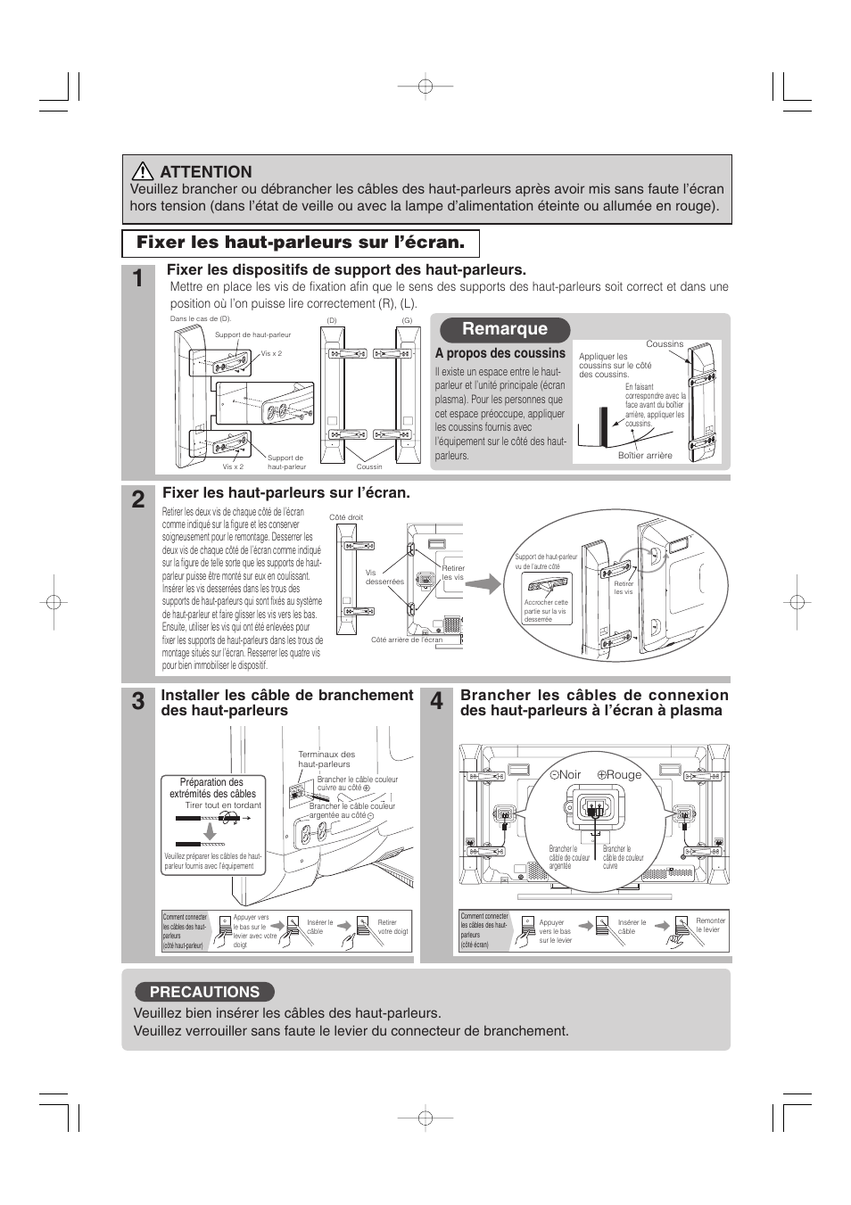 Fixer les haut-parleurs sur l’écran, Remarque, Attention | Precautions, Fixer les dispositifs de support des haut-parleurs | Hitachi 32PD5000 User Manual | Page 60 / 76