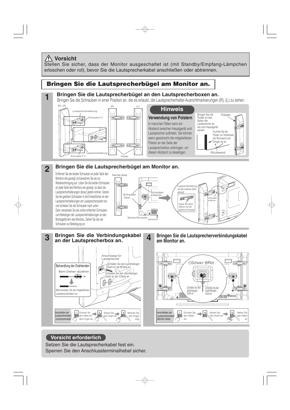 Bringen sie die lautsprecherbügel am monitor an, Hinweis, Vorsicht | Vorsicht erforderlich, Verwendung von polstern | Hitachi 32PD5000 User Manual | Page 62 / 76