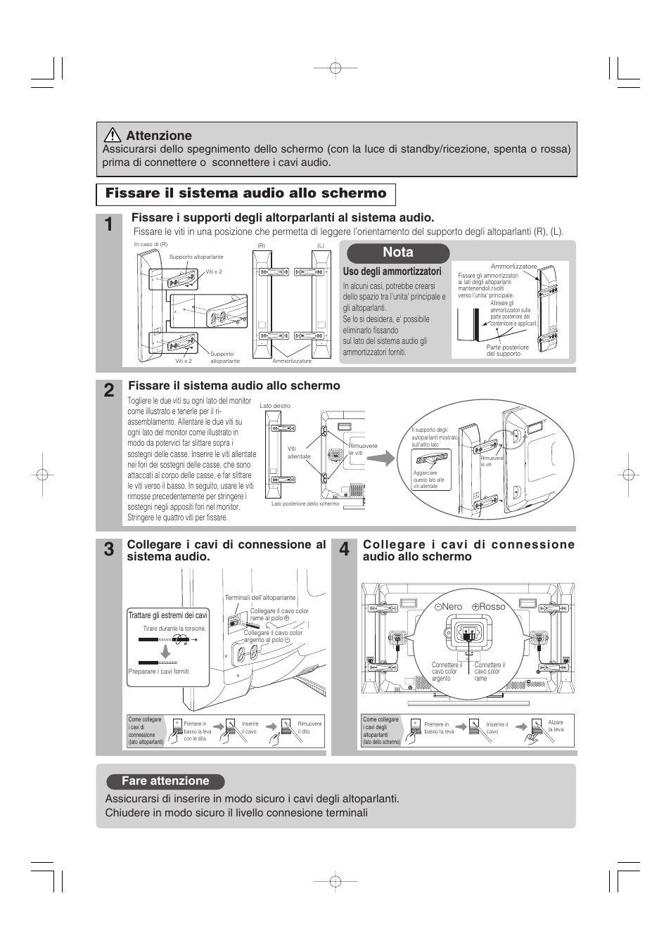 Fissare il sistema audio allo schermo, Nota, Attenzione | Fare attenzione, Collegare i cavi di connessione al sistema audio, Collegare i cavi di connessione audio allo schermo, Uso degli ammortizzatori | Hitachi 32PD5000 User Manual | Page 64 / 76