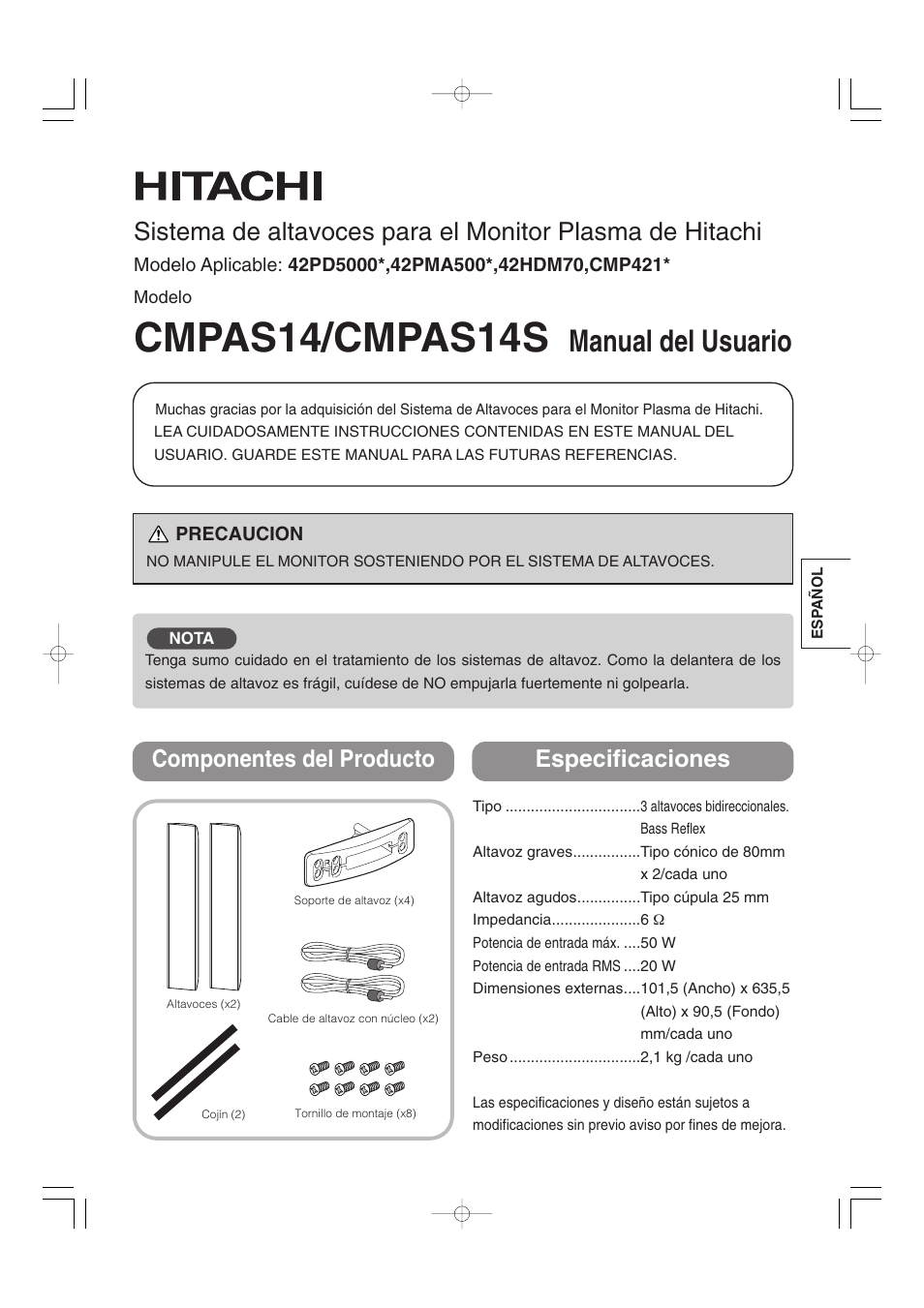 Cmpas14/cmpas14s, Manual del usuario, Componentes del producto especificaciones | Hitachi 32PD5000 User Manual | Page 65 / 76