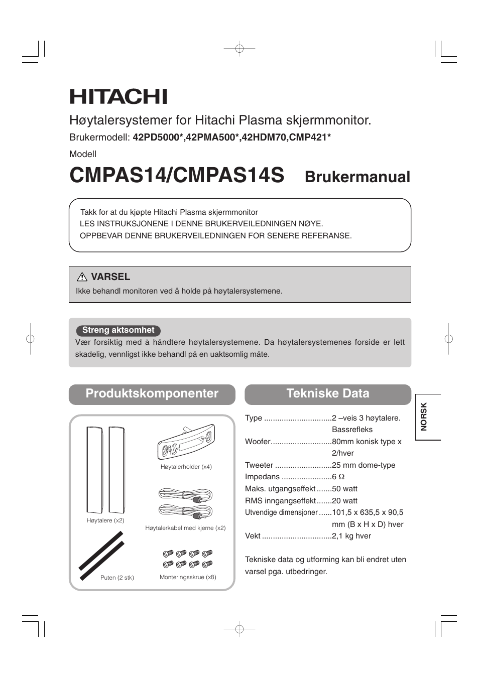 Cmpas14/cmpas14s, Brukermanual, Høytalersystemer for hitachi plasma skjermmonitor | Produktskomponenter tekniske data | Hitachi 32PD5000 User Manual | Page 69 / 76