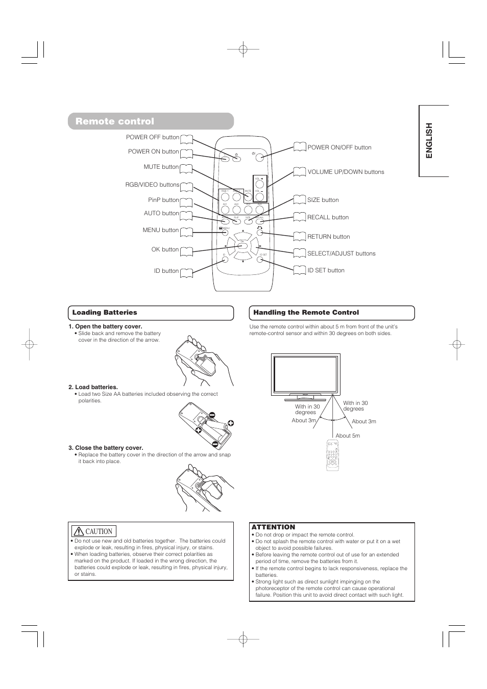 Remote control, English, Caution | Hitachi 32PD5000 User Manual | Page 9 / 76