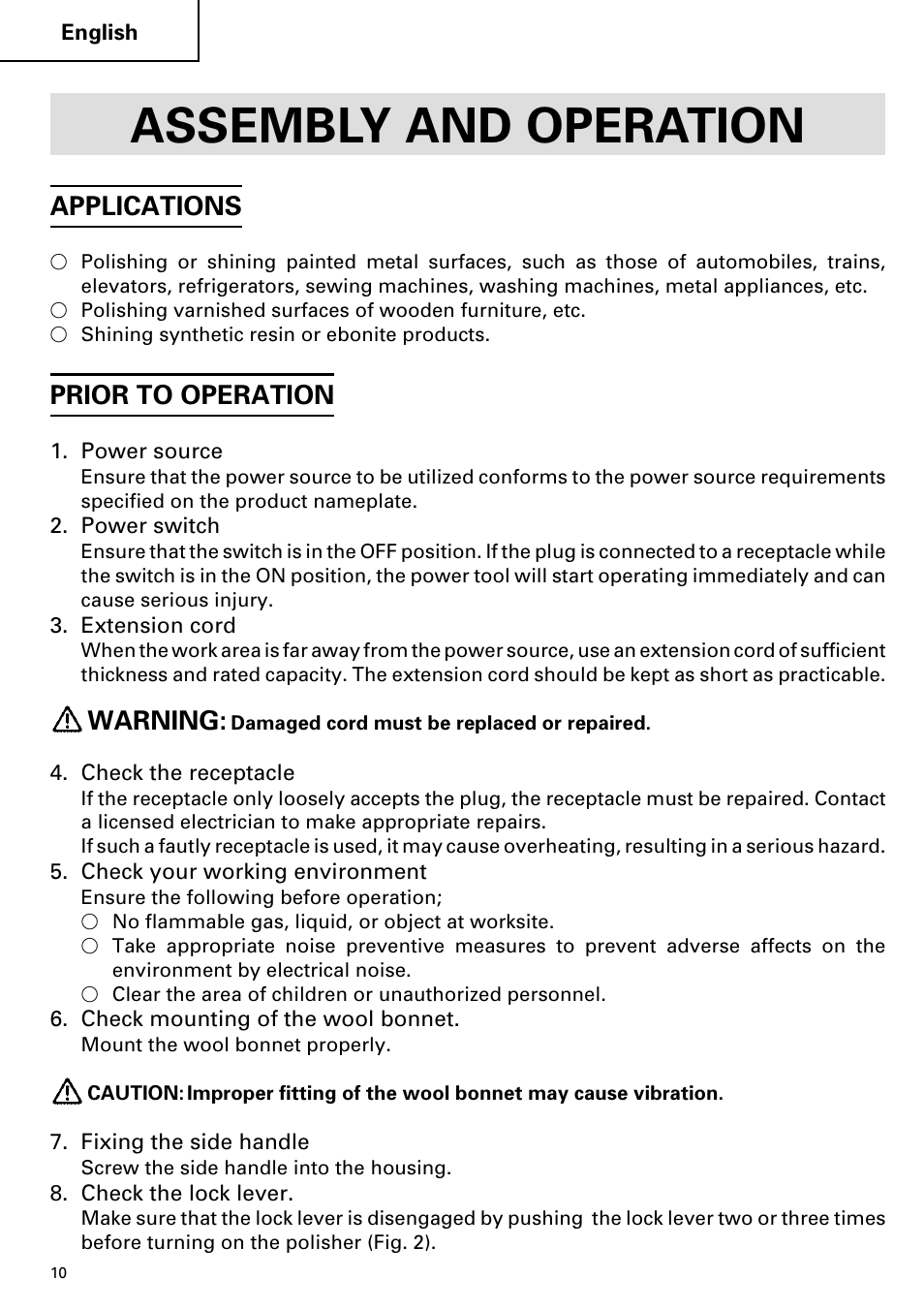 Assembly and operation, Applications, Prior to operation | Warning | Hitachi SP 18SA User Manual | Page 10 / 40