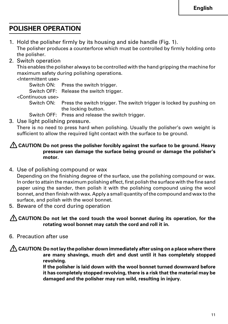 Polisher operation | Hitachi SP 18SA User Manual | Page 11 / 40