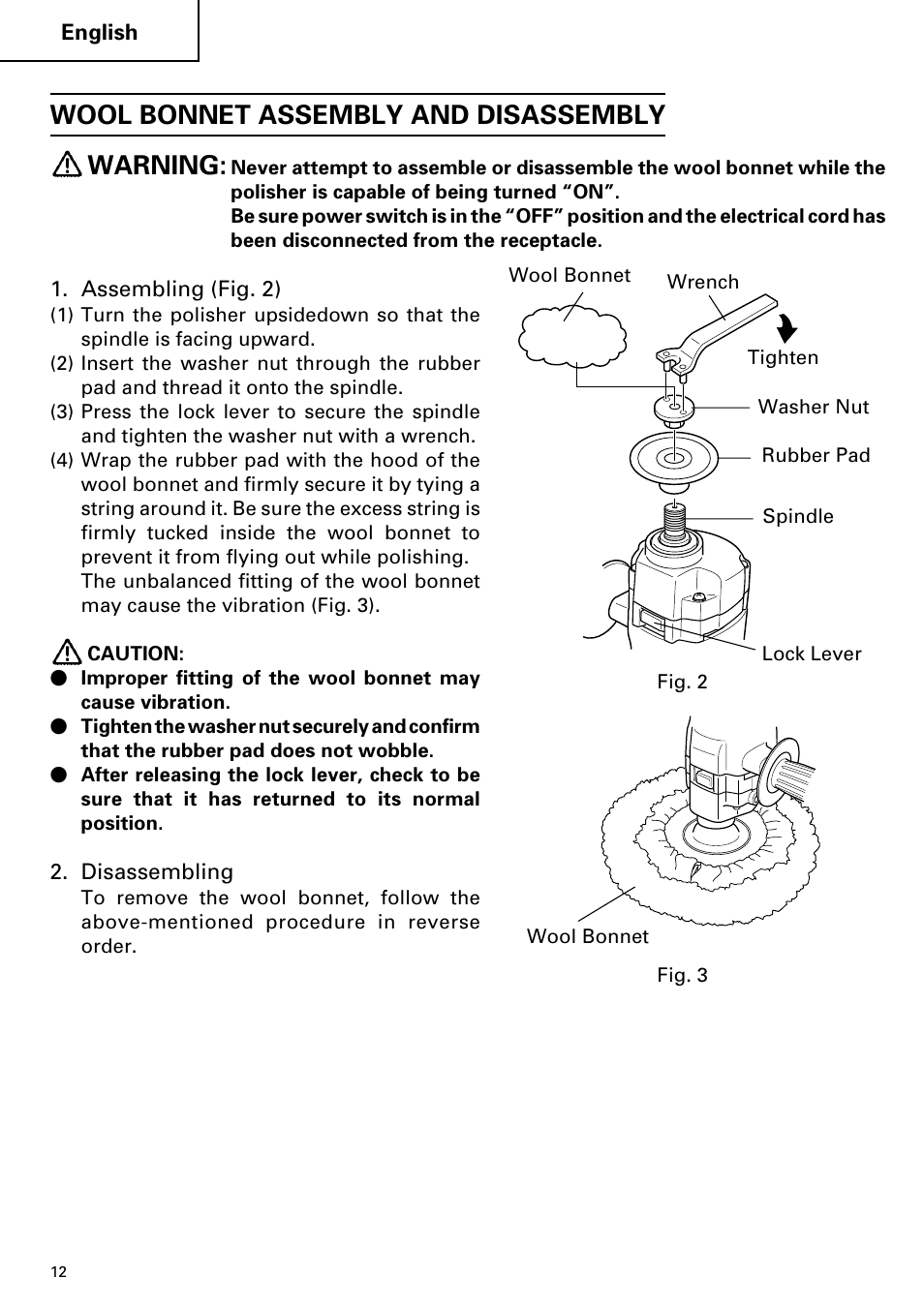 Wool bonnet assembly and disassembly warning | Hitachi SP 18SA User Manual | Page 12 / 40