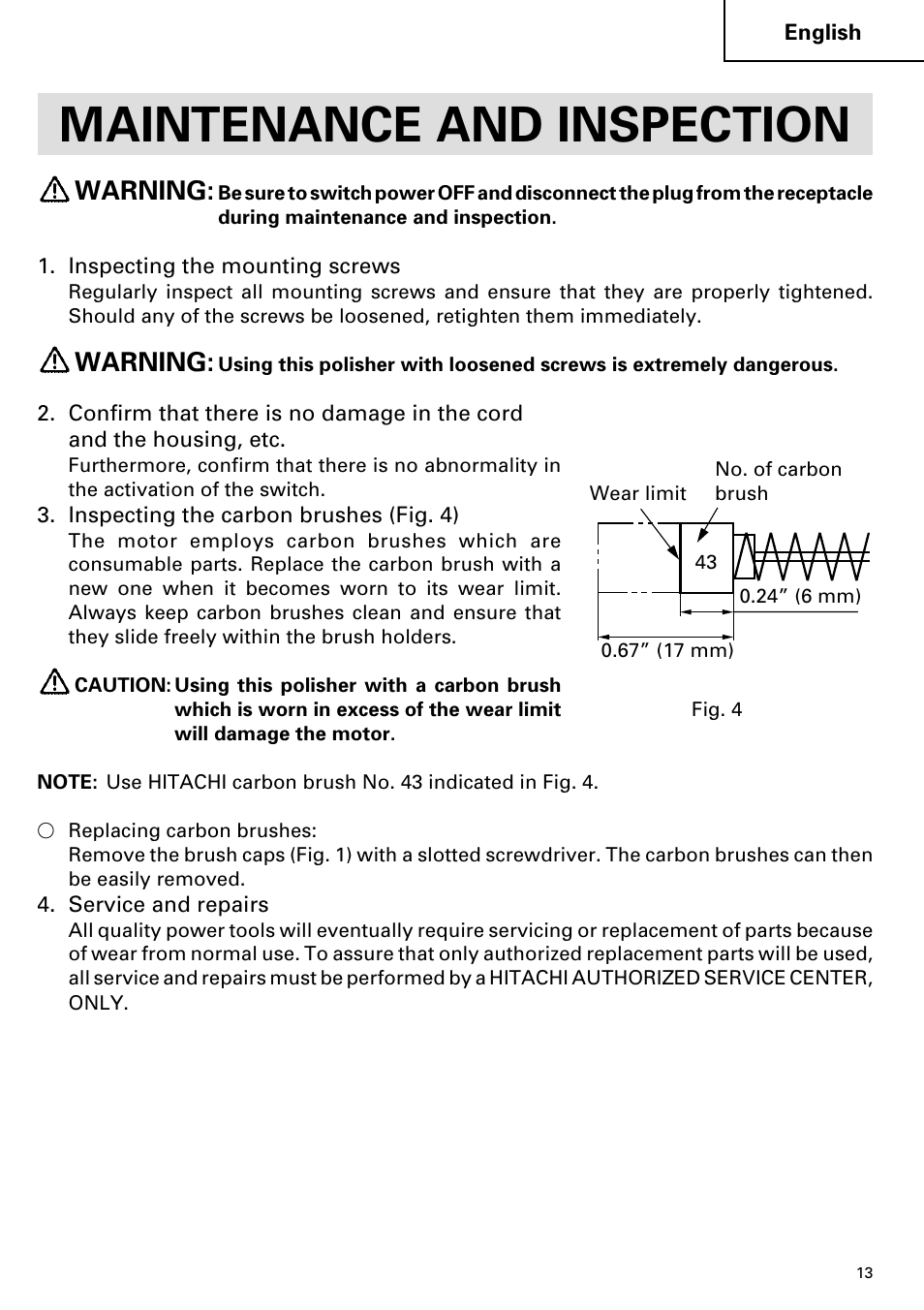 Maintenance and inspection, Warning | Hitachi SP 18SA User Manual | Page 13 / 40