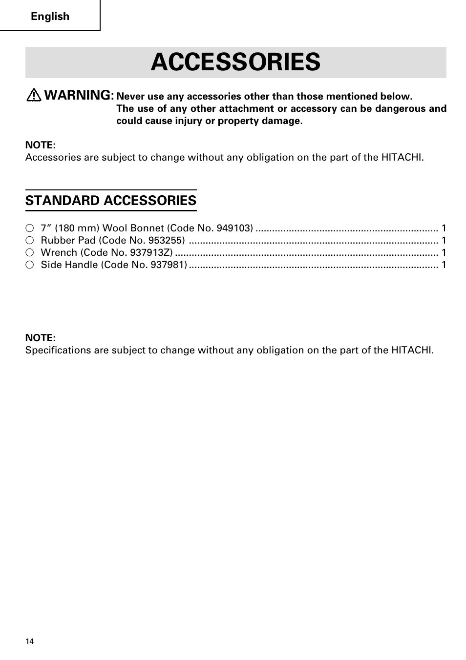 Accessories, Warning, Standard accessories | Hitachi SP 18SA User Manual | Page 14 / 40