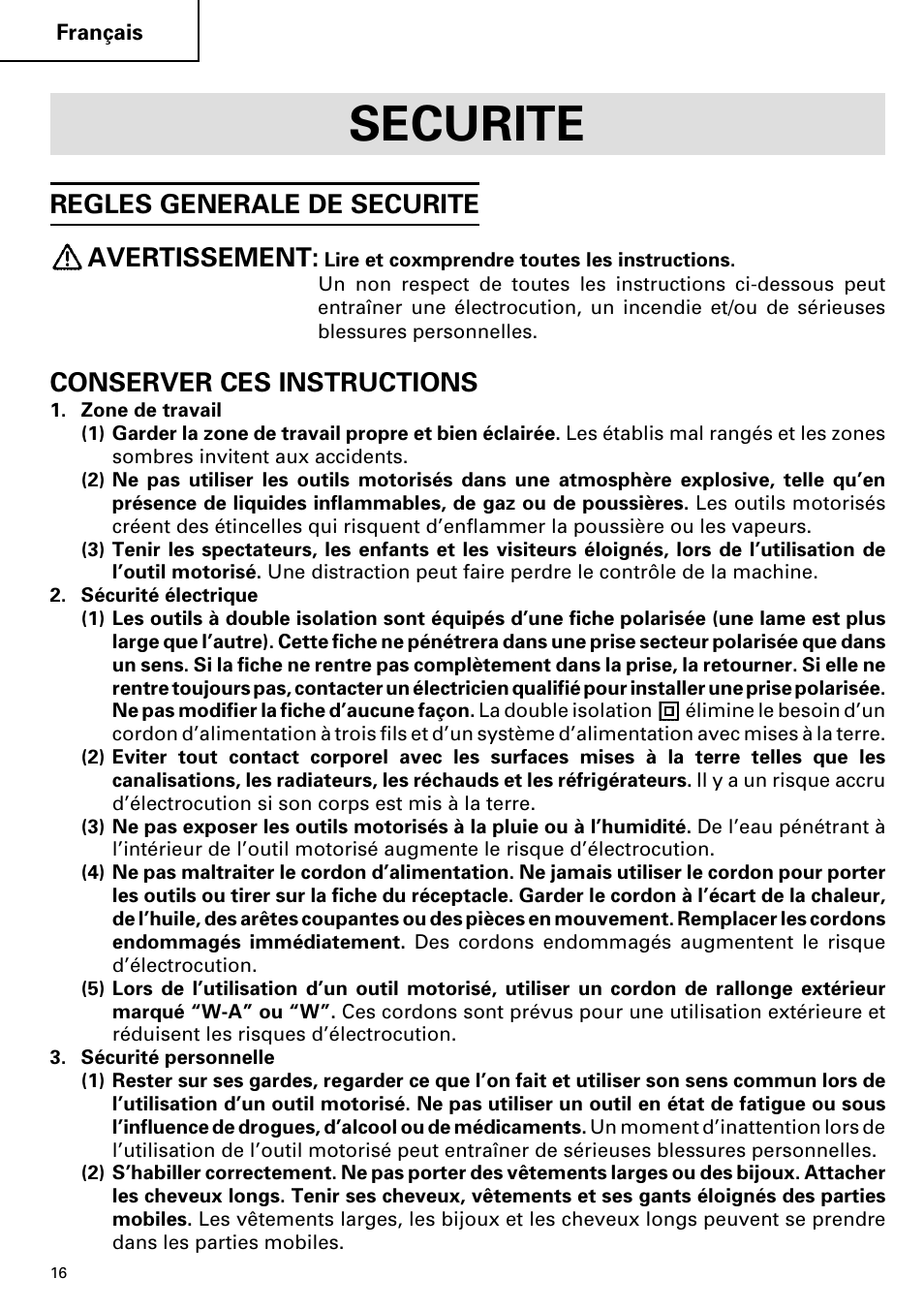 Securite, Regles generale de securite avertissement, Conserver ces instructions | Hitachi SP 18SA User Manual | Page 16 / 40