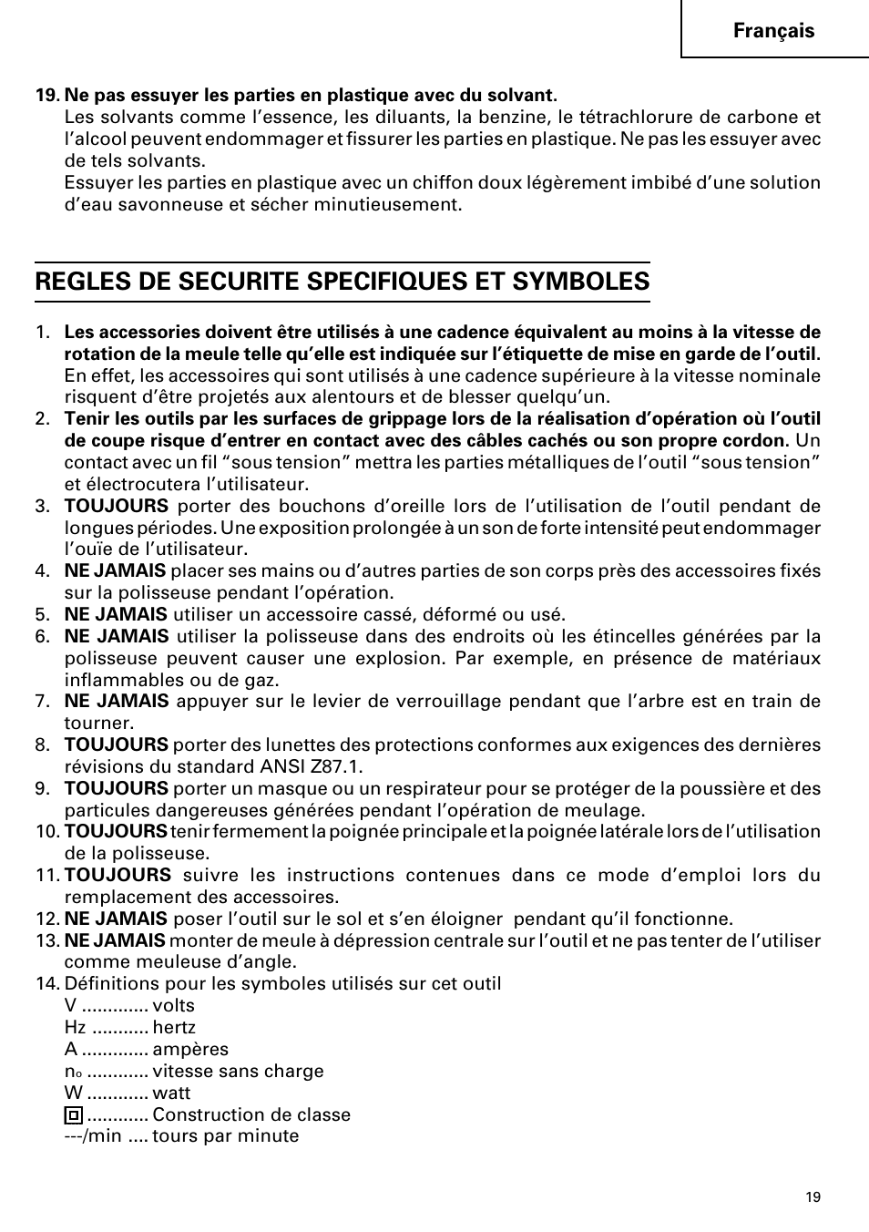 Regles de securite specifiques et symboles | Hitachi SP 18SA User Manual | Page 19 / 40